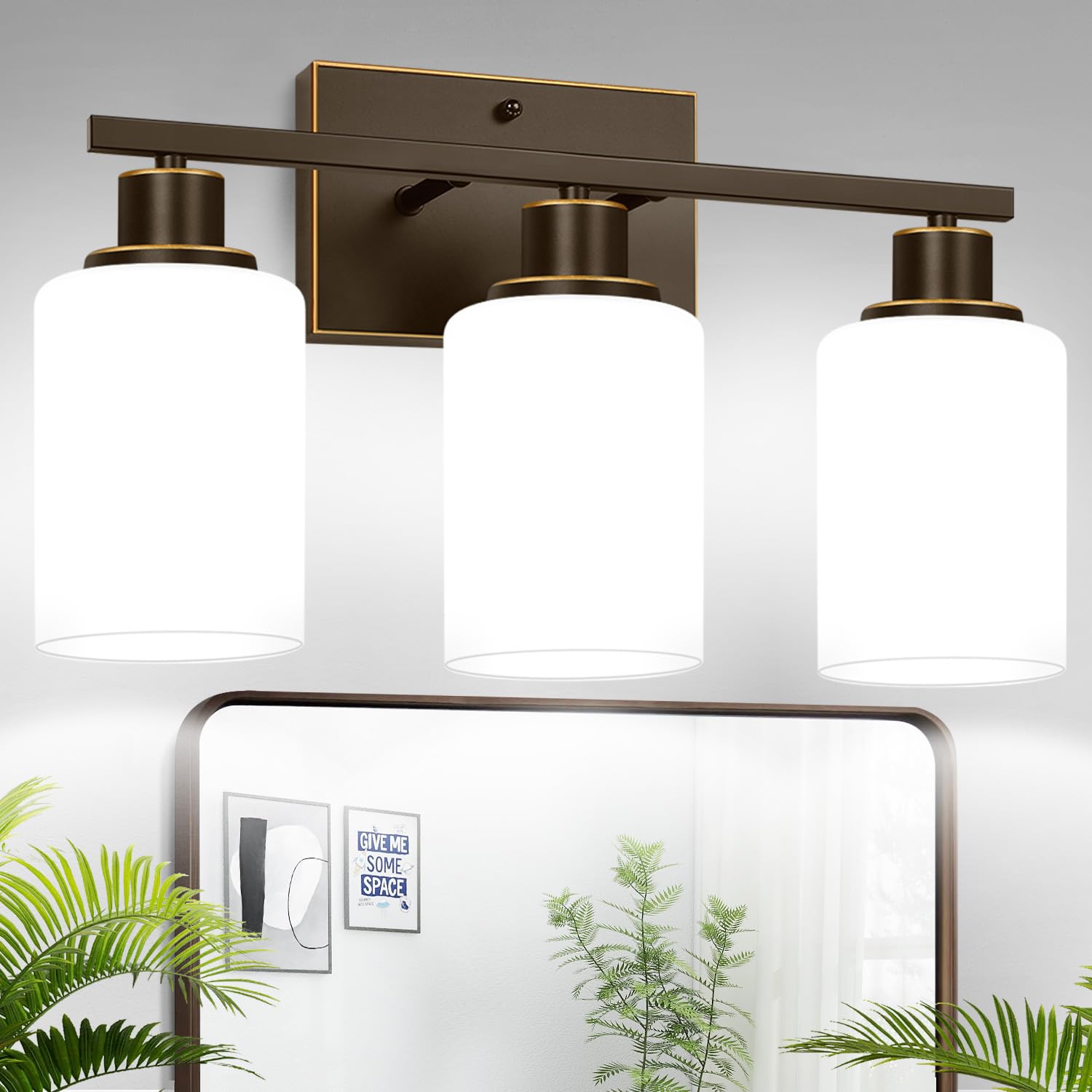3-Light Bathroom Light Fixtures  Vanity Light with Milky White Shades  Oil-Rubbed Bronze Bathroom Light Fixtures Over Mirror  Modern Bathroom Wall Lamp for Mirror Living Room Cabinet Bedroom