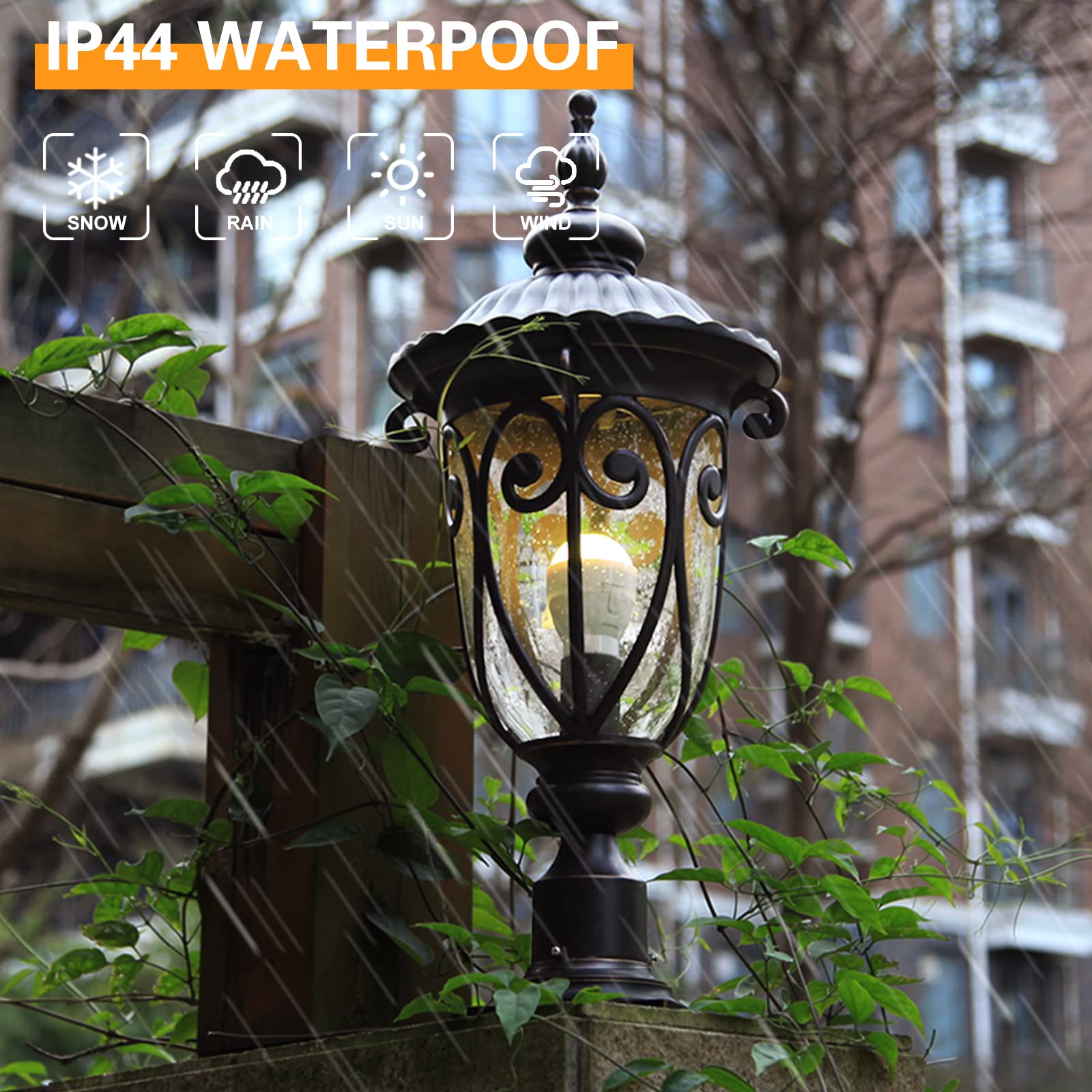GOALPLUS Post Light Fixture 24 Inch Bronze with Dusk to Dawn Sensor, Aluminum, Seeded Glass for Yard, Garden, Patio, Model LMMS0519-M