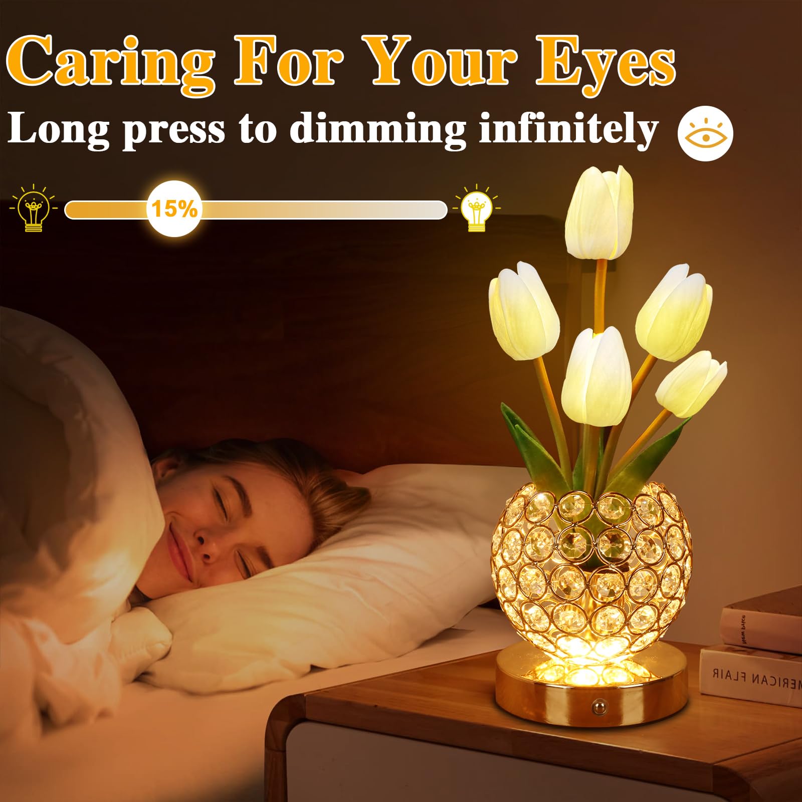 Zqpbled Birthday Gifts For Women/Mom Table Lamp  3 Color Crystal Flower Bedside Lamps Infinitely Dimming With Usb Charge Small Night Light Nightstand Touch Lamp For Bedroom (A-White)
