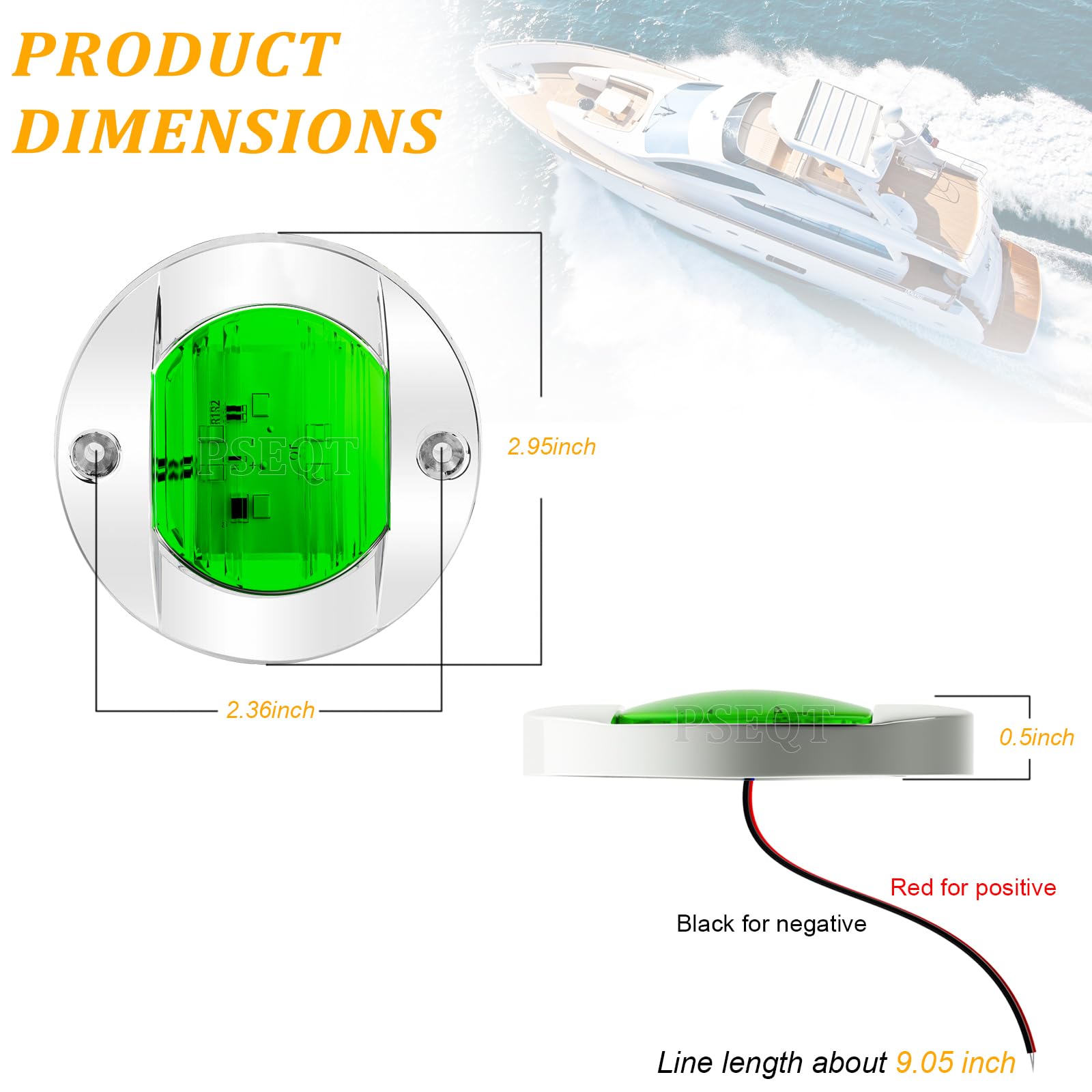 PSEQT 4Pcs Marine Boat Interior Lights Green LED Waterproof 12V Round Surface Mount w/ Green Lens, Model PSEQTSEGG4P