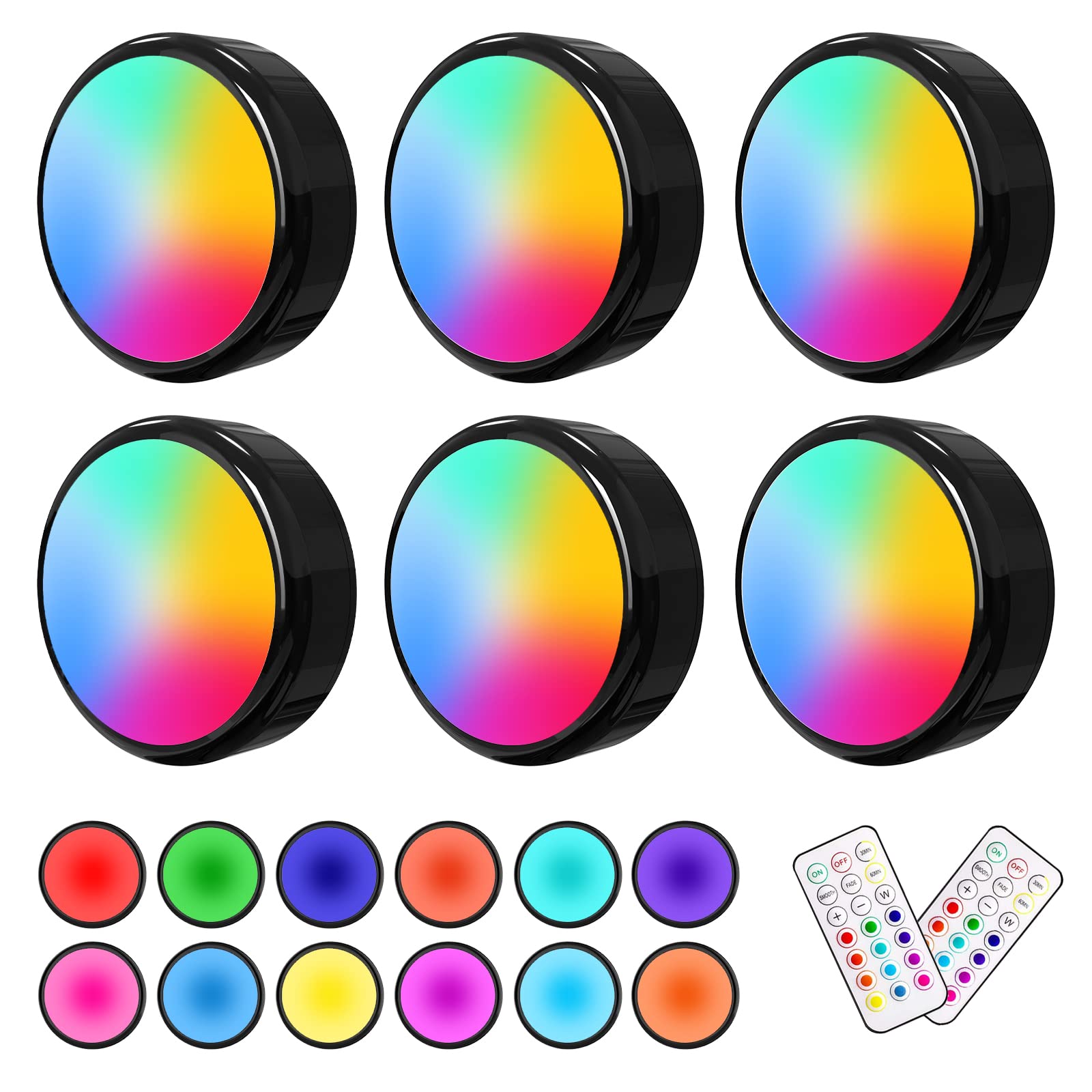 ILYXY Puck Lights with Remote, 6 Pack LED Under Cabinet Lighting Dimmable Push Lights Battery Operated Under Counter Tap Lights 
