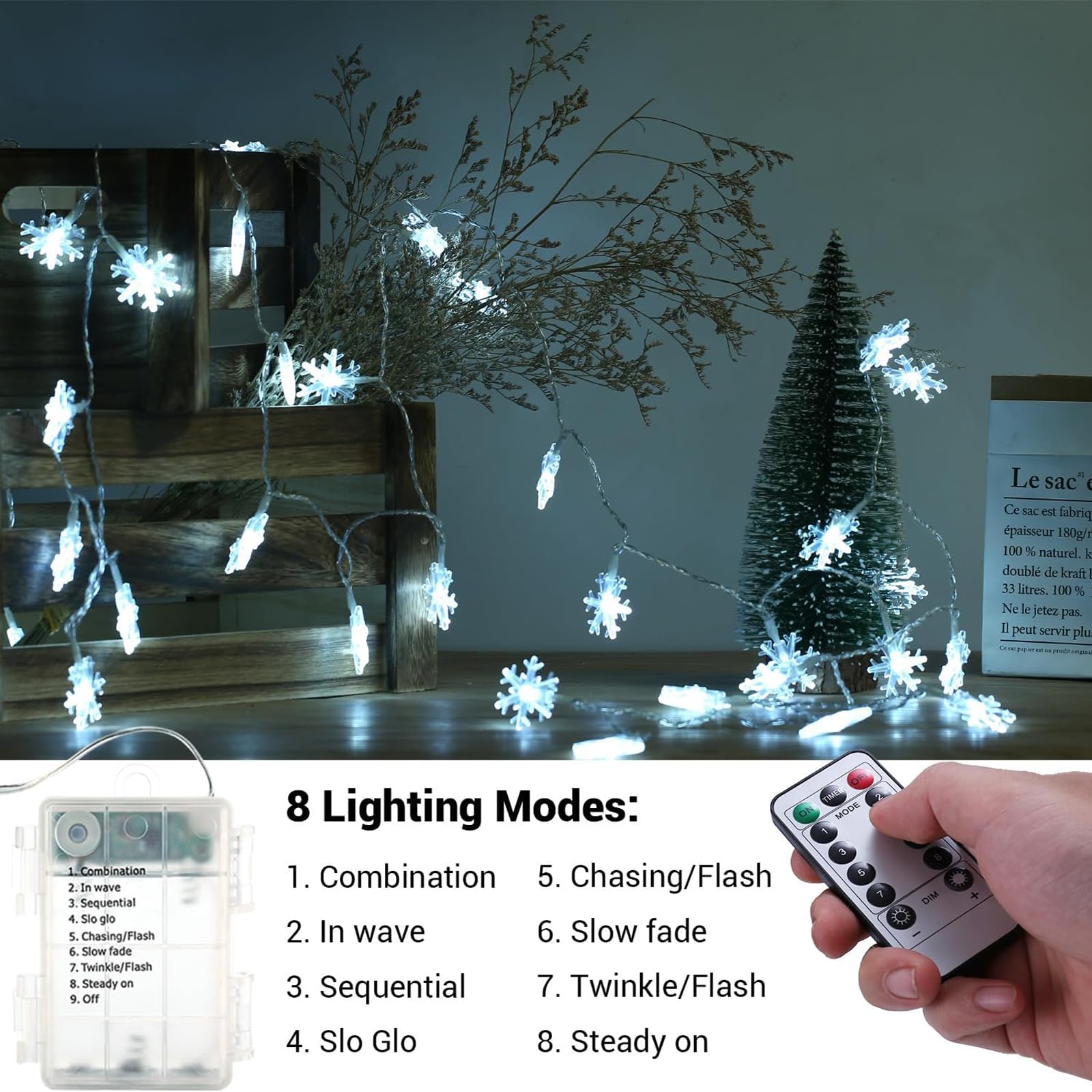Colcutee Christmas Snowflake Lights, 20Ft 40Led 8 Modes & Timer Battery Operated Christmas Decorations Lights With Remote Control, Fairy Lights For Indoor Outdoor Holiday Party Decorations (White)