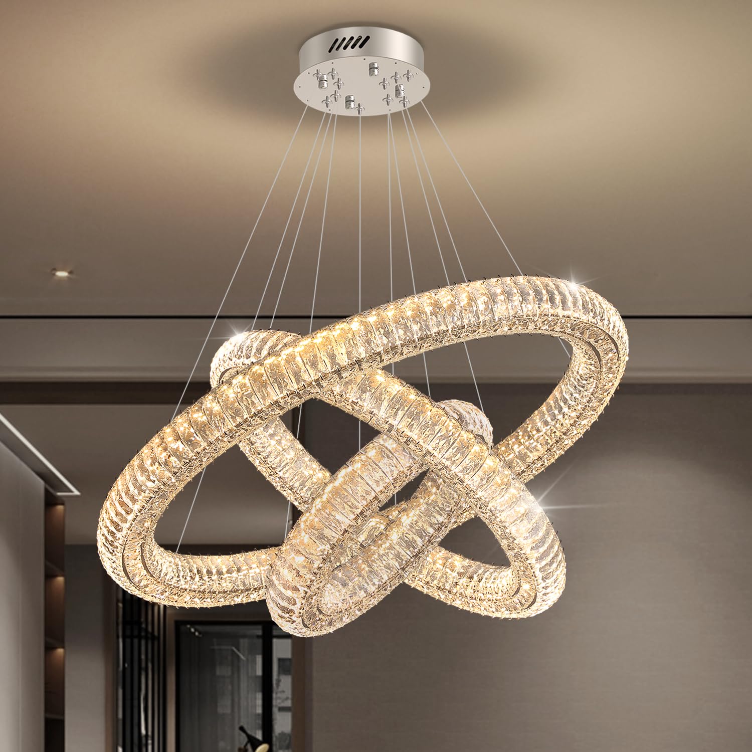 Idequy Dimmable Led 15.7'' Ring Pendant Light Modern Adjustable Black Round Crystal Chandelier Light Fixtures For Dining Room Li