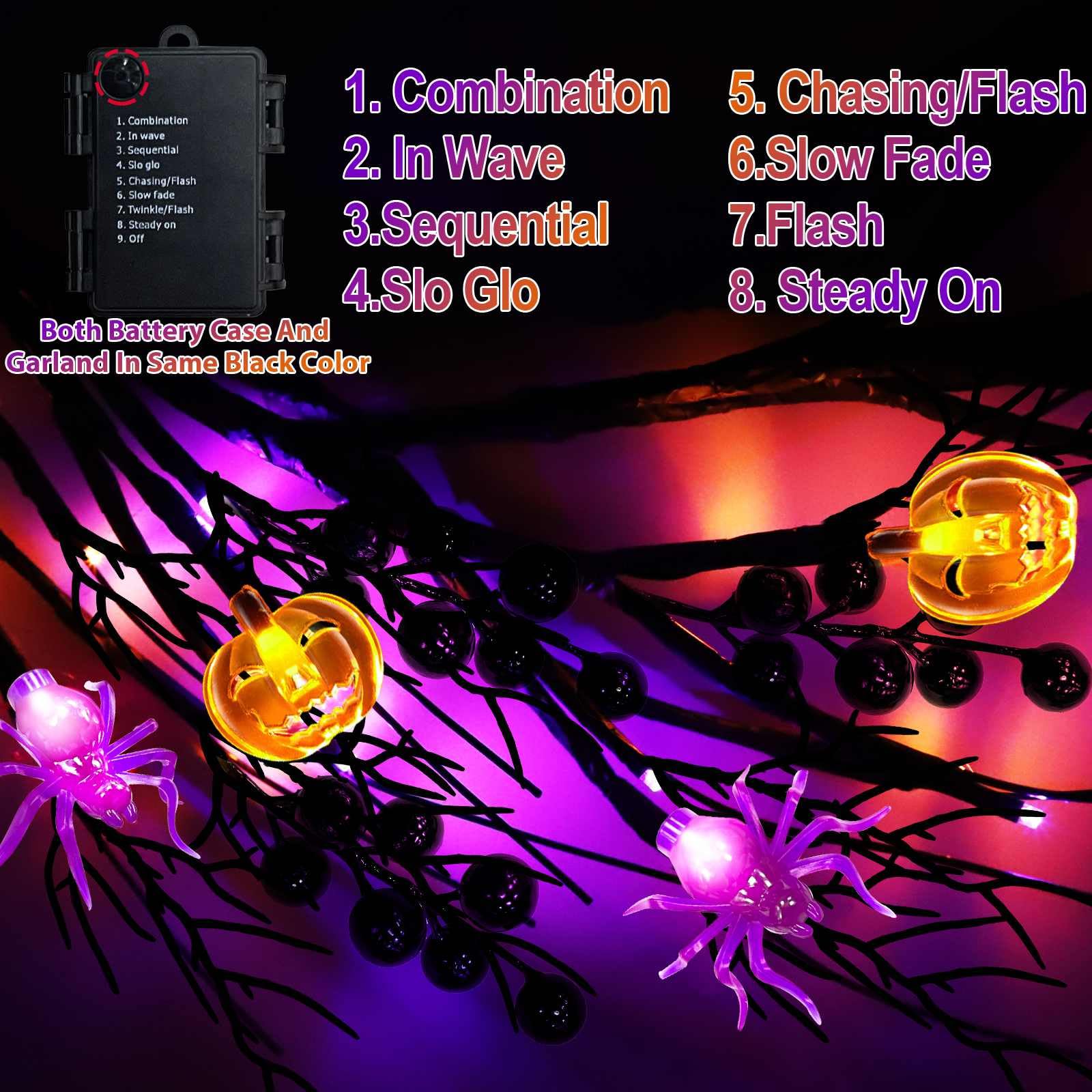 [Remote Control & Timer 8 Modes] Halloween Garland Willow Vine Lights, 6 Ft 54 LED with Orange & Purple Lights, Halloween Decora