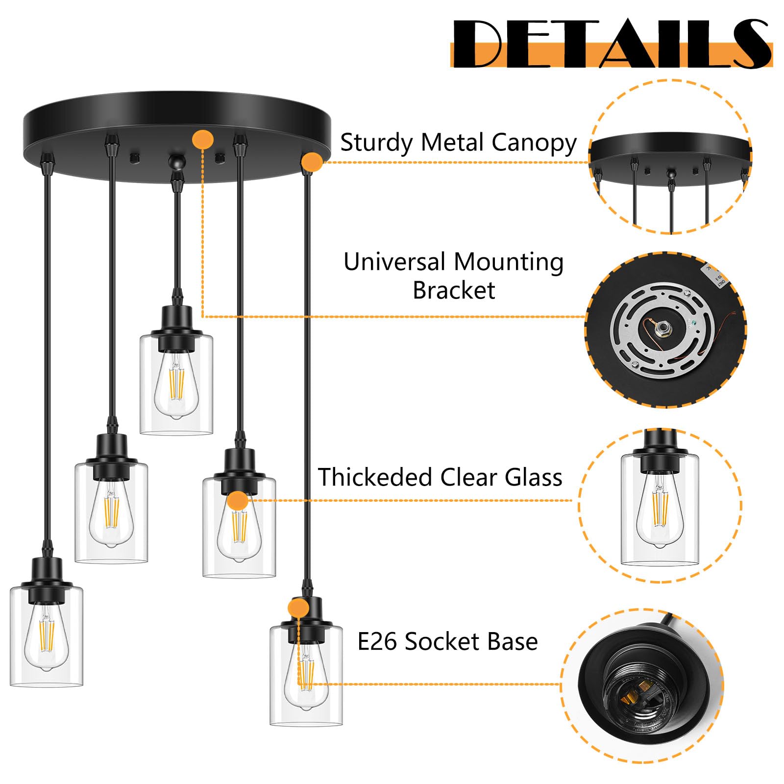 Licperron 5-Light Pendant Light Fixtures With Clear Glass Shades  Black Adjustable Kitchen Island Hanging Ceiling Light Fixtures  Modern Pendant Lighting E26 Base For Dining Room  Hallway  Living Room