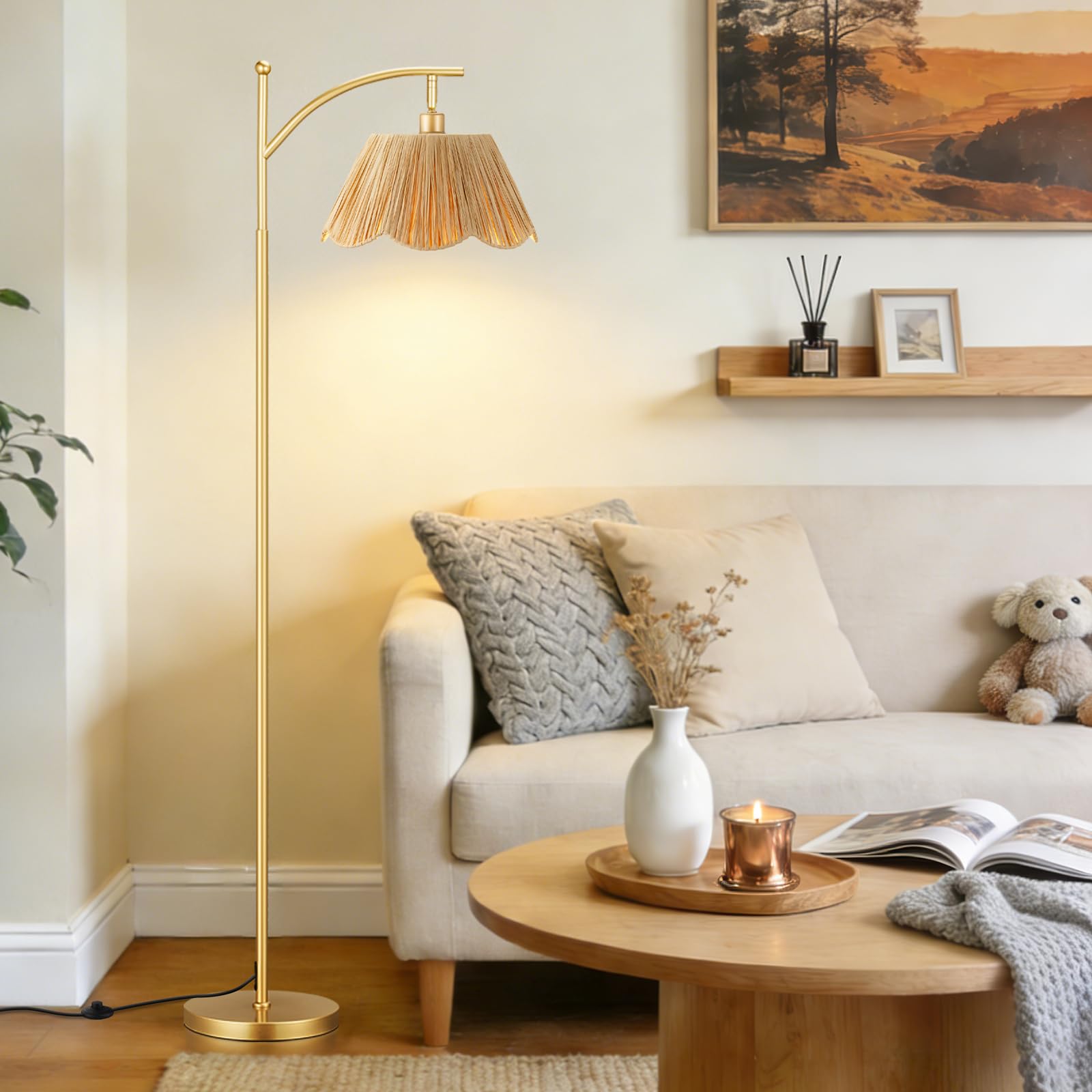 Ambimall 60 Floor Lamps for Living Room with 3 Color Temperatures, Gold Floor Lamp with Rattan Shade, Modern Tall Lamps for Bedr