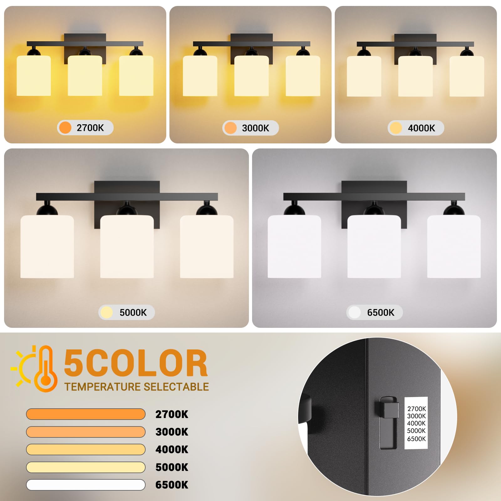 Quntis Bathroom Light Fixtures, 3 Lights LED Vanity Light, Black & Milky White, Adjustable, 18.9 Inch, Energy-Saving