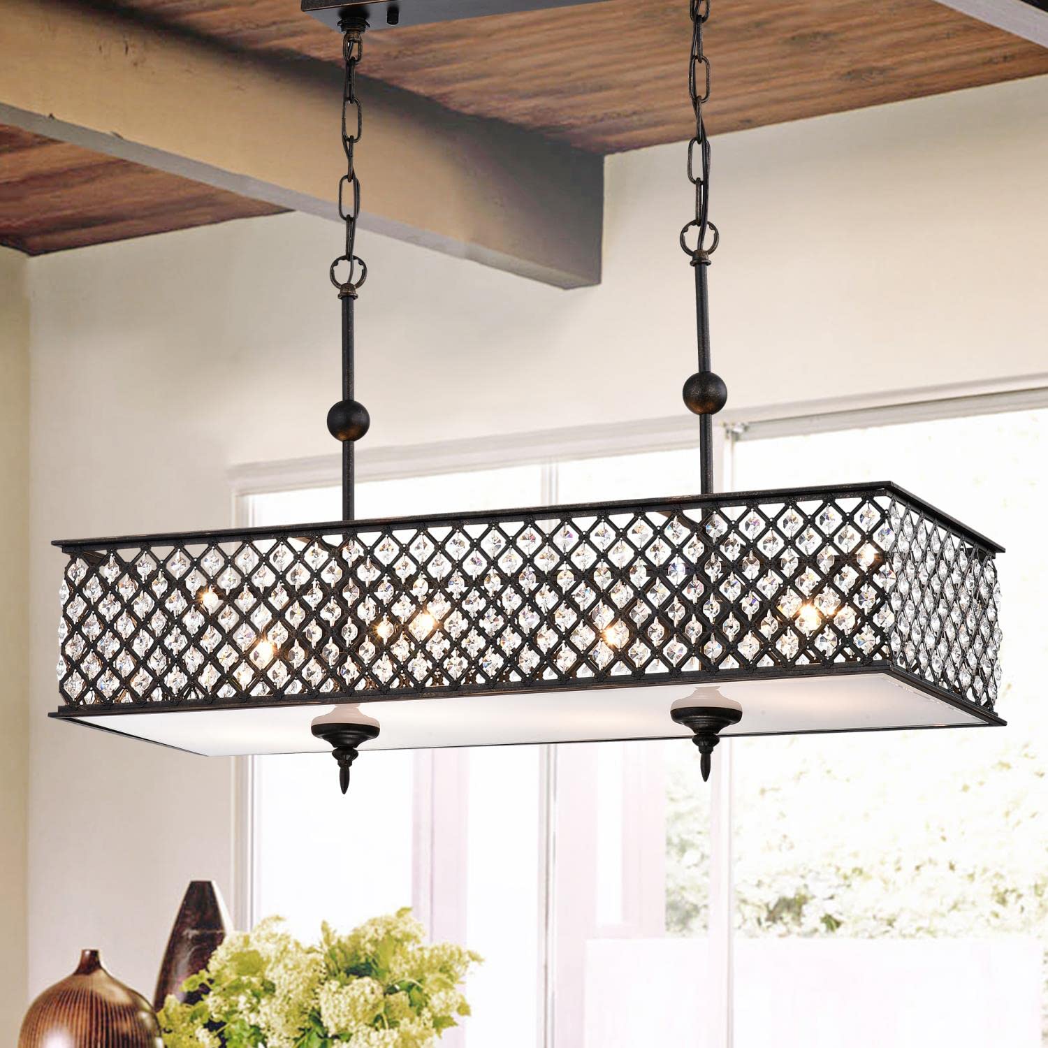 Warehouse Of Tiffany Imp52C/4Ac Elias Antique Copper 4-Light Crystals Chandelier, 36.61&quot; L X 8.66&quot; W X 55.51&quot; H