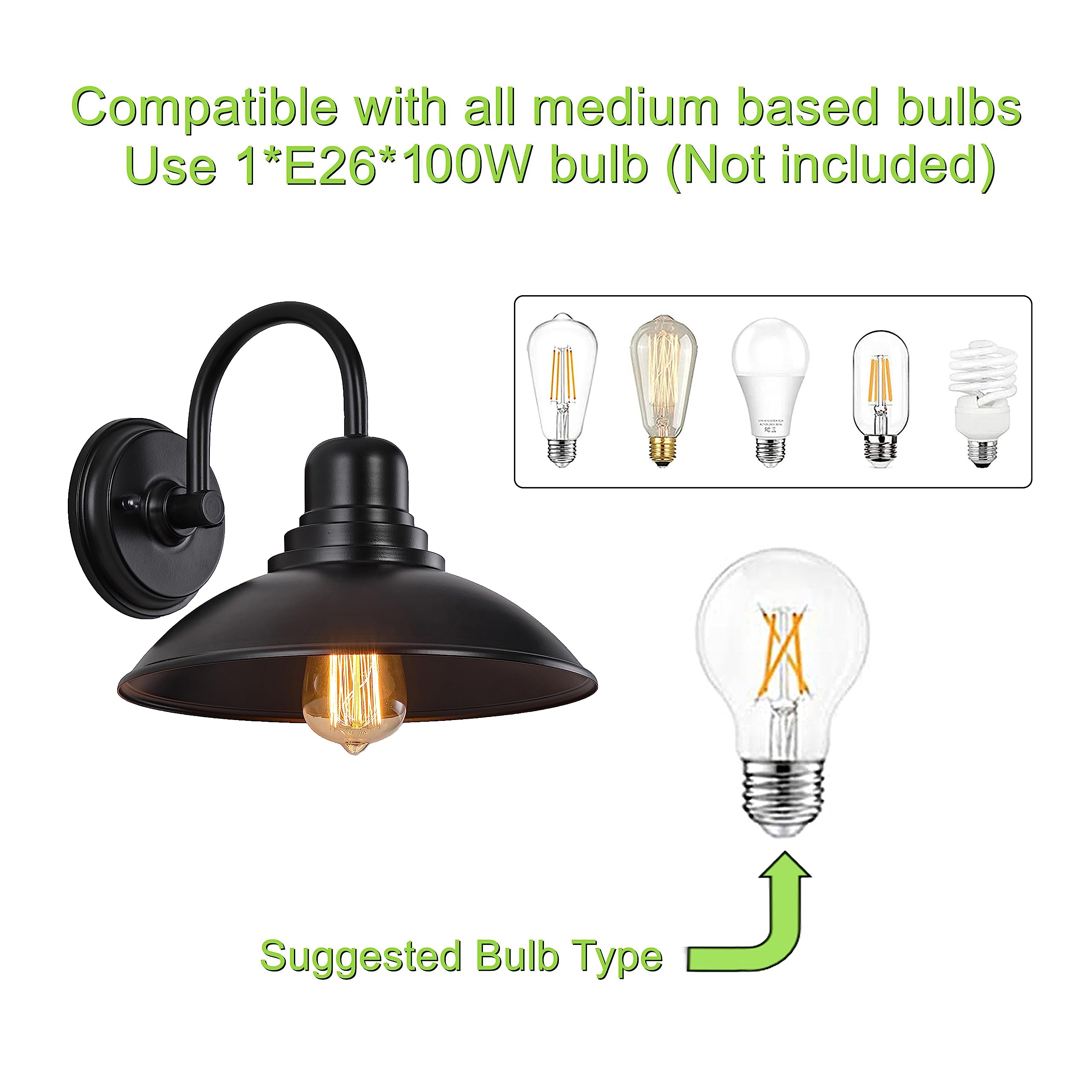 Goldhill Black Gooseneck Outdoor Barn Light, Farmhouse Vanity Lights With E26 Based Socket, Round Exterior Lights For House Garage Bathroom Bedroom