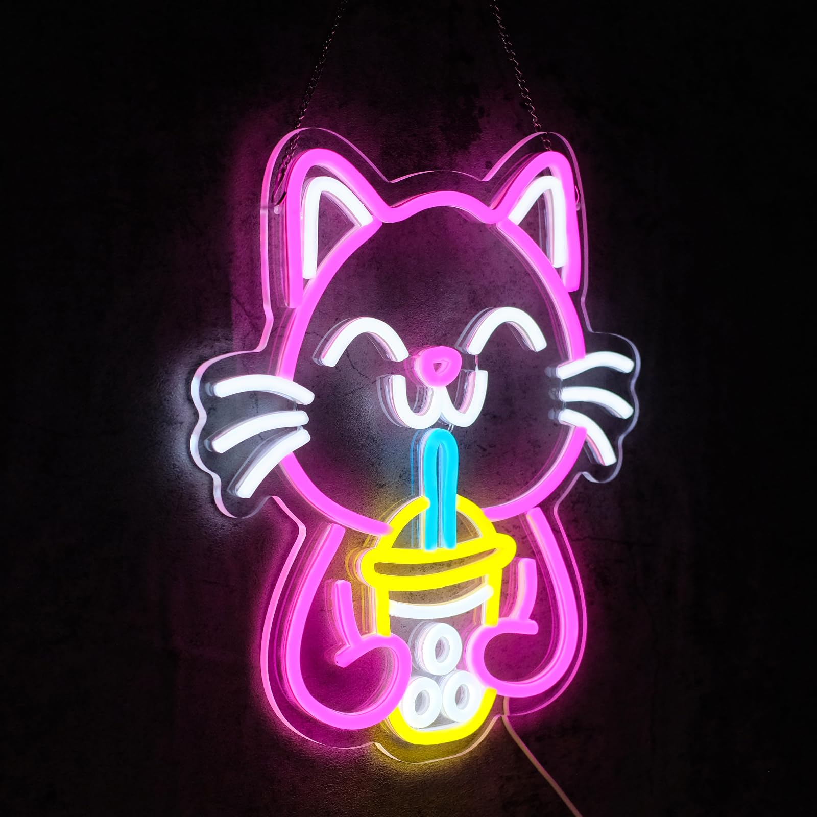 Virlusy Cat Boba Tea Neon Sign, Dimmable LED Light for Wall Decor, Medium Acrylic, Pink Yellow White, Model YL-Boba Cat
