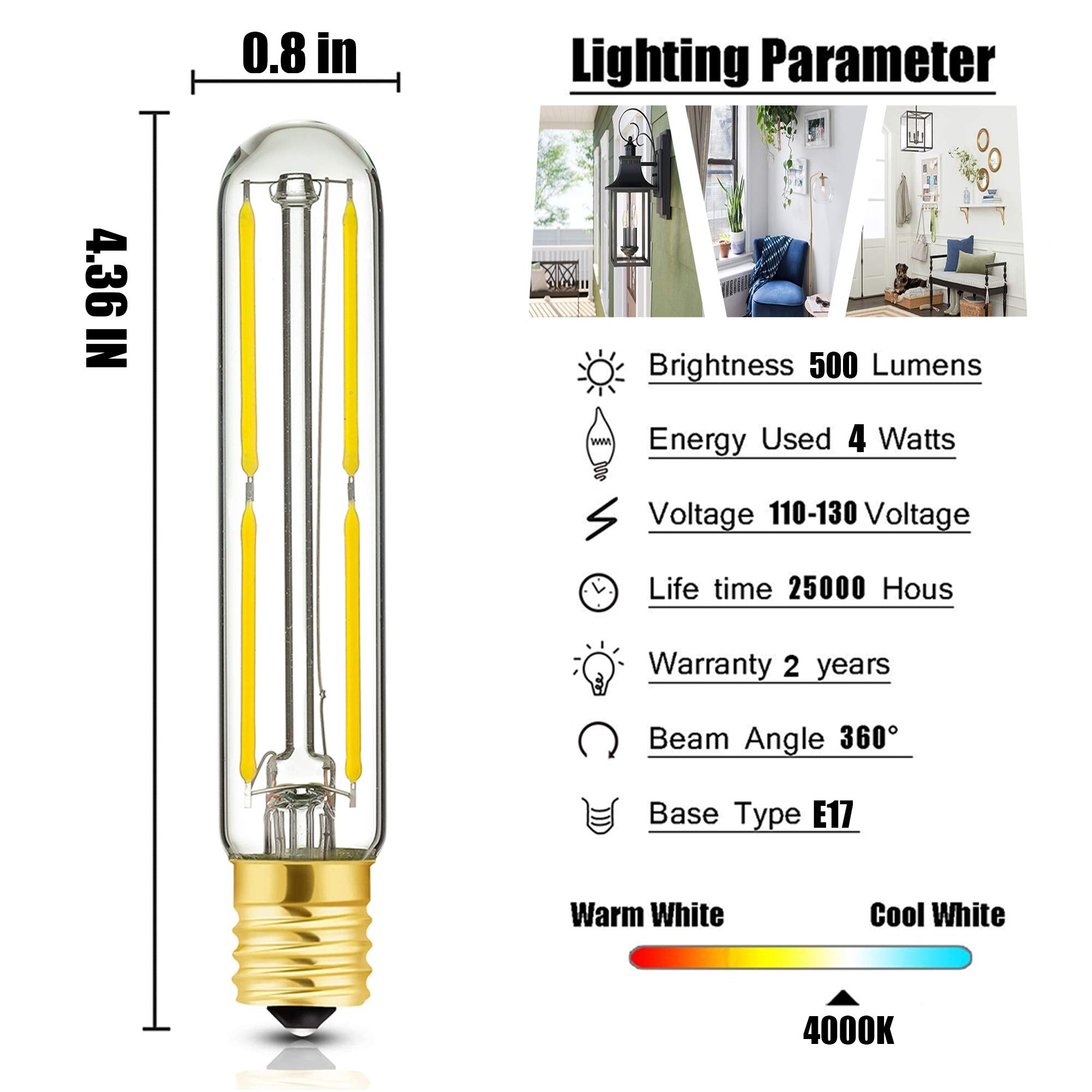 E17 Led T6.5 Tubular Filament Bulb,Dimmable 4W Led Tube Bulbs, 500Lm, 4000K Daylight, 40 Watt Incandescent Bulb Equivalent, For