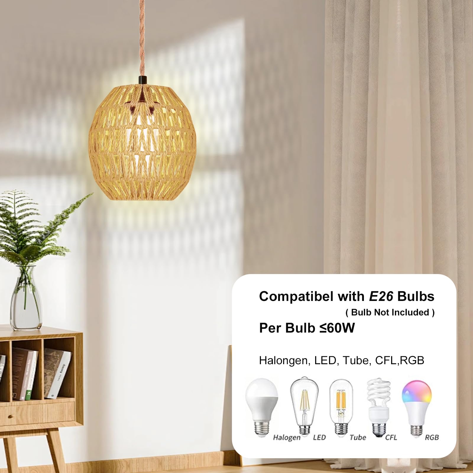 Maliralt Rattan Pendant Light, 7.3in Egg Shade, Plug-in with Cord and Switch, Brown, Model SL-TTDD-CA