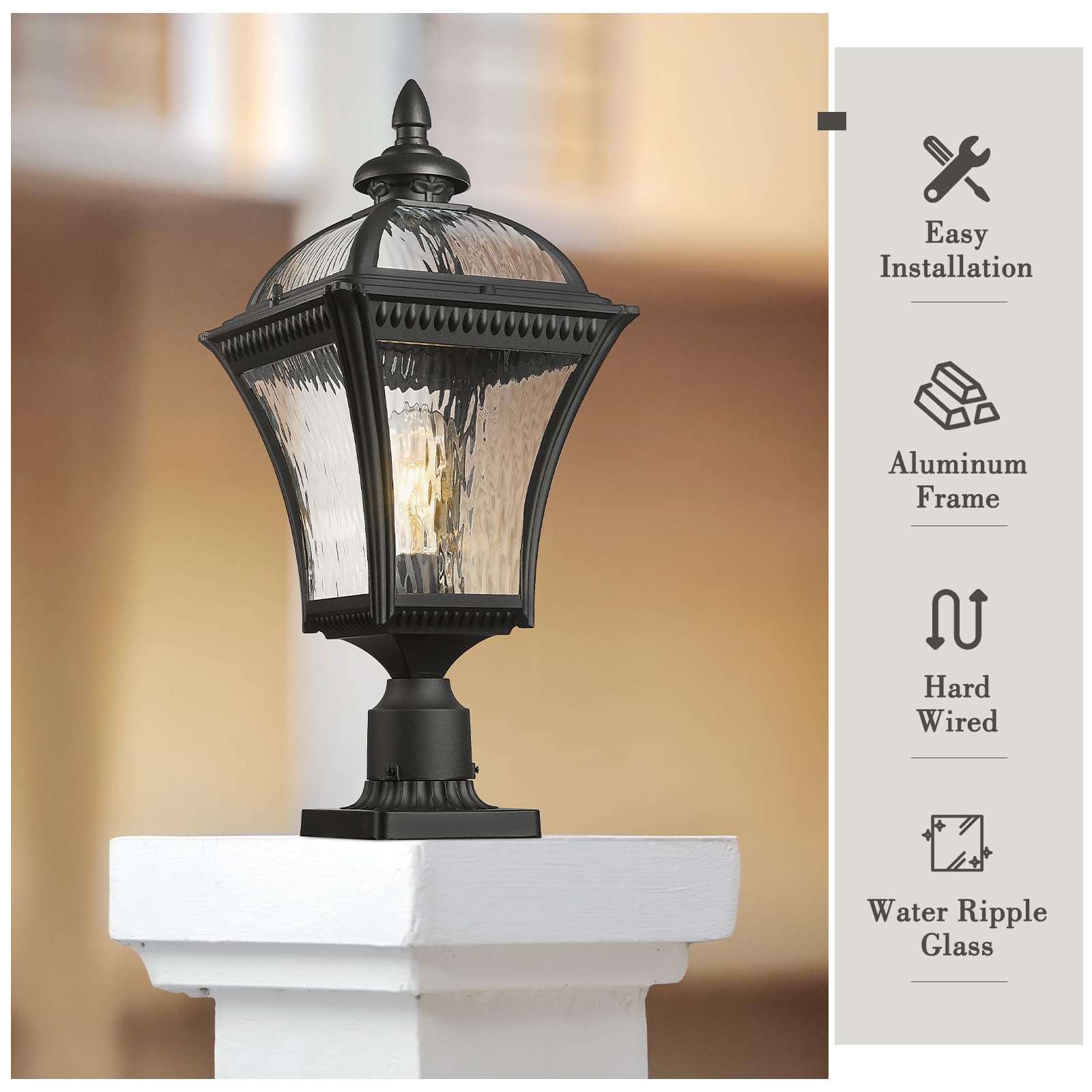 Emliviar 22'' Outdoor Lighting For Post, Black Exterior Lamp Post Light Fixture For Yard, Aluminum Pillar Light With Water Rippl