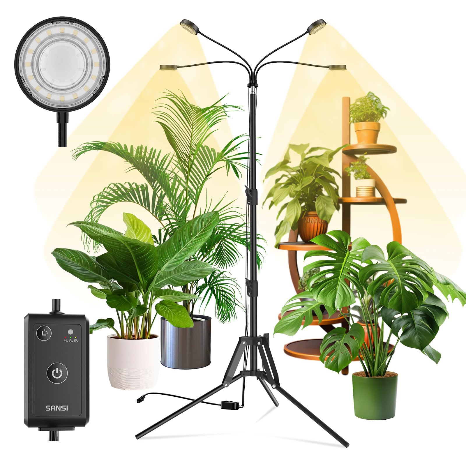 SANSI Grow Lights for Indoor Plants, 4 Head Dimmable, 40W Adjustable Tripod, Auto On/Off Timer, Black, Model C23ZW030-T0040A27