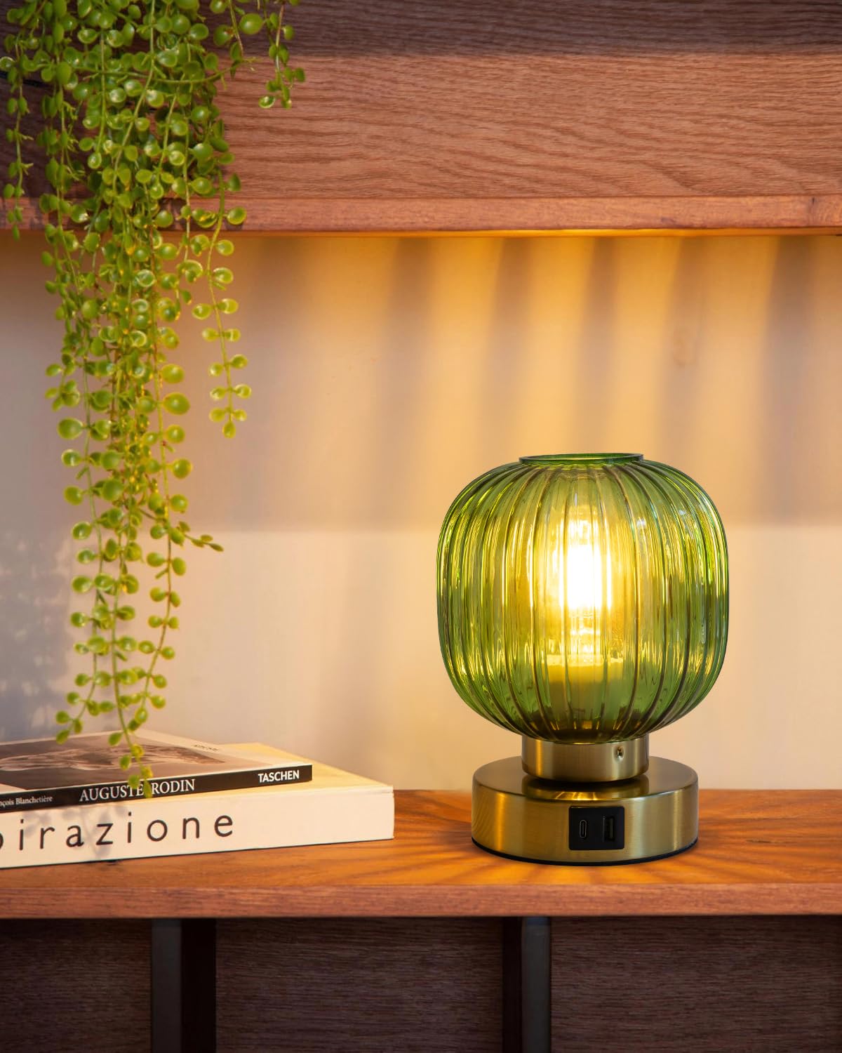 Touch Control Small Table Lamp Set Of 2, Elegant Green Glass Bedside Lamp 3 Way Dimmable With Usb C+A Charging Ports - Bedroom N