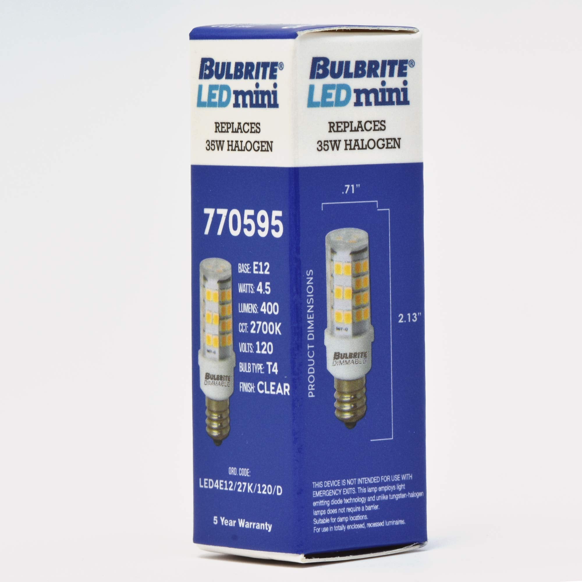Bulbrite LED Mini T4 Dimmable Light Bulb, 35W Equivalent, E12 Base, Clear, 2-Pack, Model 861530