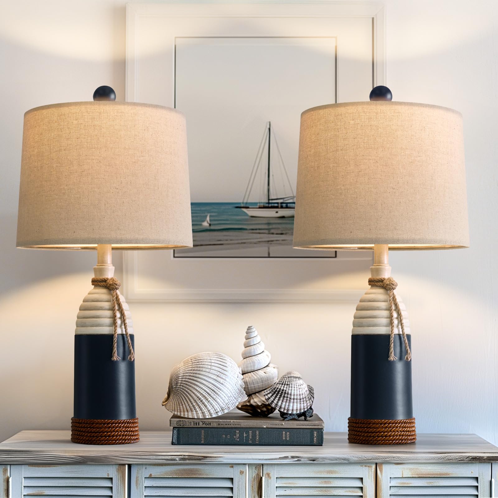Oyears Set Of 2 Navy Blue Resin Table Lamps - Coastal Nautical Nightstand Lighting