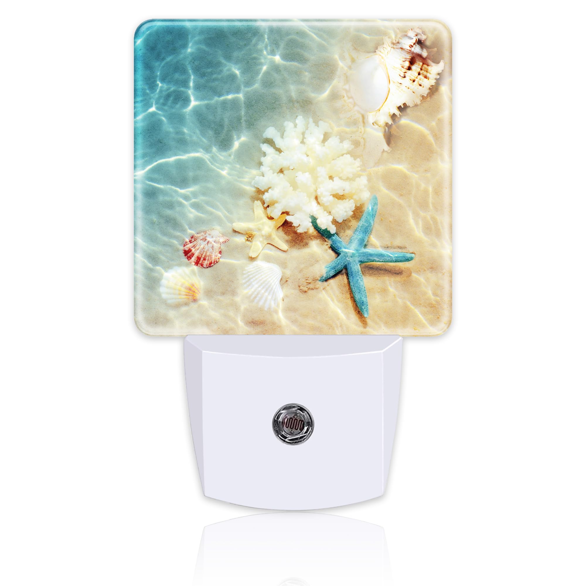 sndheke Starfish Seashells and Coral Night Light, Summer Beach Sea Water Marine Life Dusk to Dawn Plug in, 0.5w Energy Saving Sl
