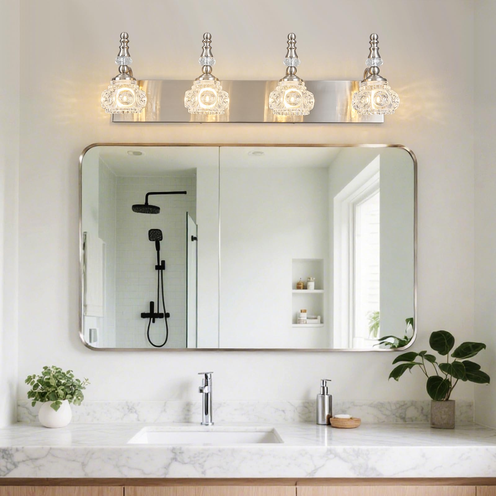 Lbsqj Modern Glass Crystal Vanity Light - Vintage Bathroom Lighting Fixtures Over Mirror  4 Light Vanity Lights G9 Bulb (27.55 Inch  Nickel)