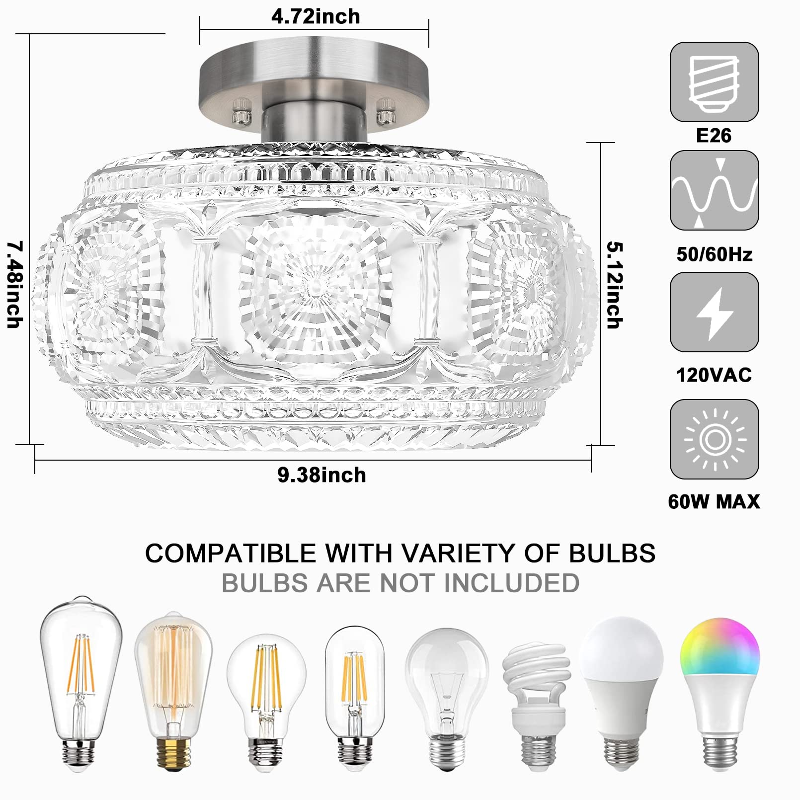 Oykyohei Brushed Nickel Semi Flush Mount Ceiling Light, Glass Shade Modern Ceiling Light Fixture, Lighting For Hallway Bedroom E