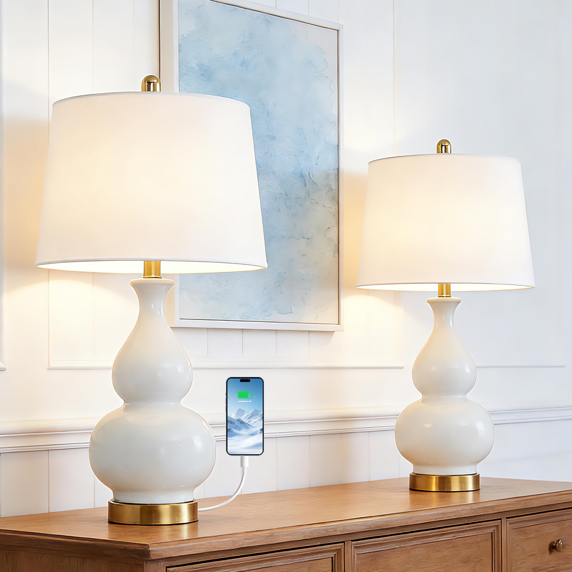 Maxax 26 White Table Lamps Set of 2 for Living Room, Ceramic Bedside Lamp with USB Charging Port, 3 Way Dimmable Gourd Tall End 