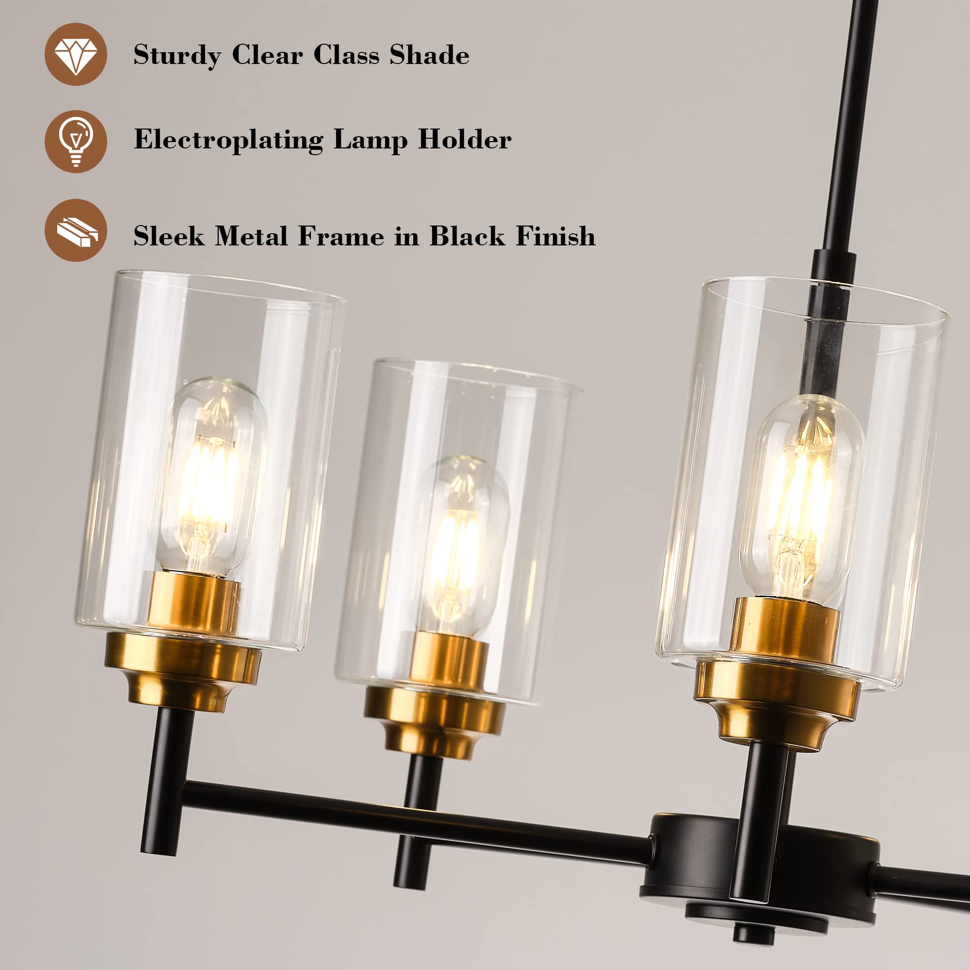 5 Lights Glass Farmhouse Chandeliers For Dining Room, Modern Kitchen Light Fixtures Over Table, Kitchen Island Pendant Ceiling Lighting , Black And Gold Hanging Light For Foyer Living Room Bedroom