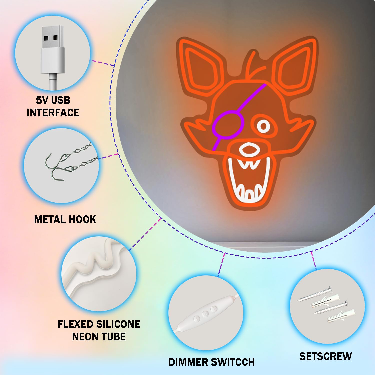 Five Nights Fox neon sign is suitable for wall decoration,Anime neon bedroom LED Fnaf neon sign, birthday, Christmas gift for ki