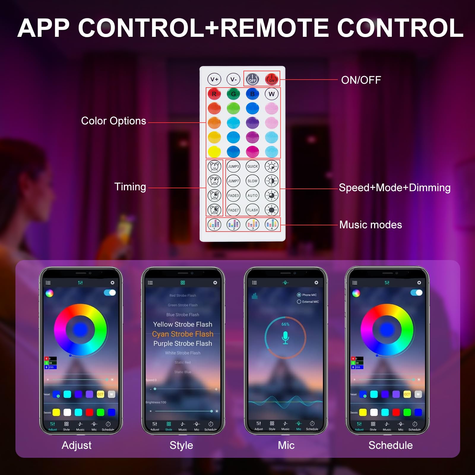 TK99SW 50ft LED Strip Lights, Smart RGB Music Sync, USB-Powered, Bluetooth App & Remote Control, Vinyl for TV & Gaming