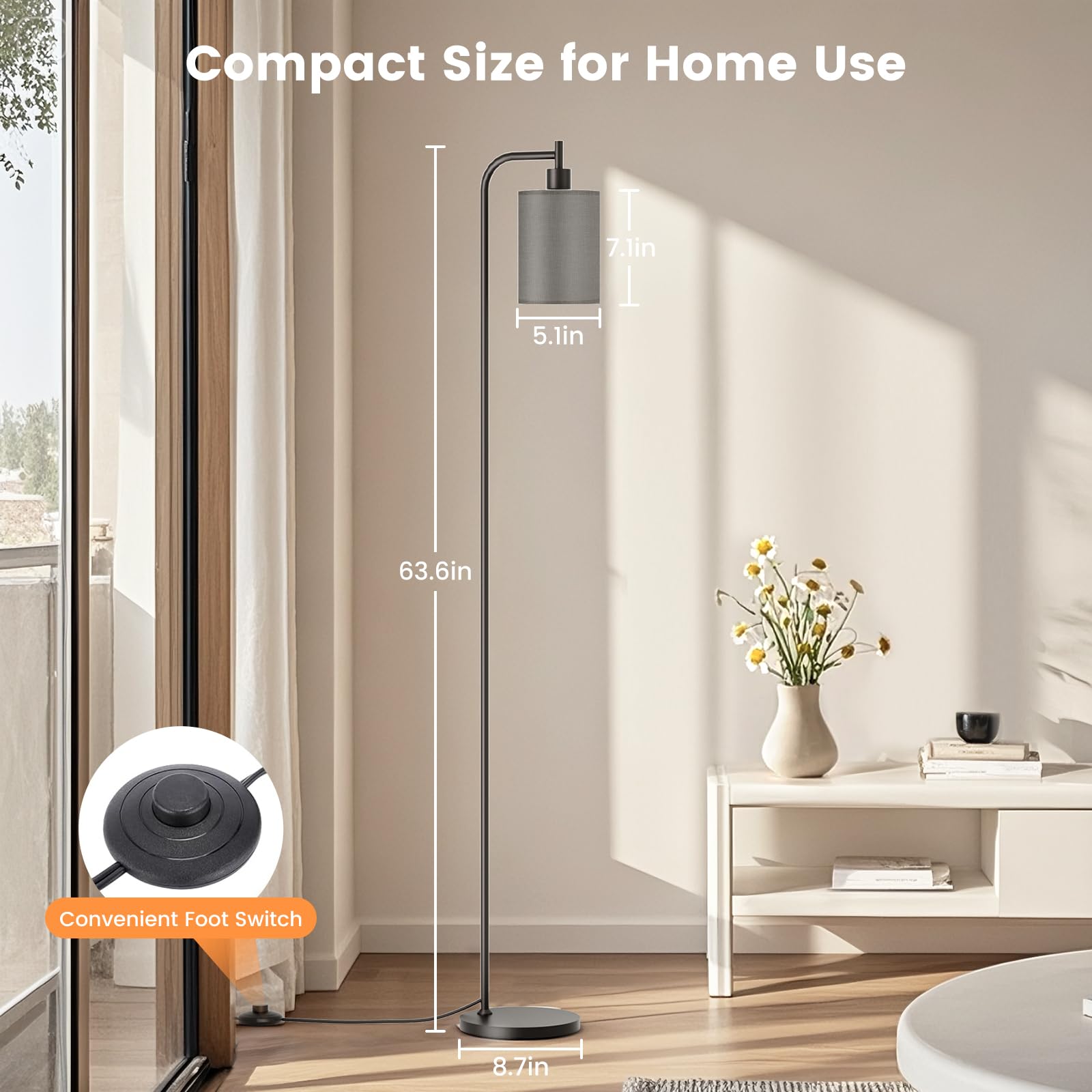 SIBRILLE Floor Lamp with Linen Shade, Dimmable, Remote Control, 9W LED Bulb, Large, Gray, Model BP-F072