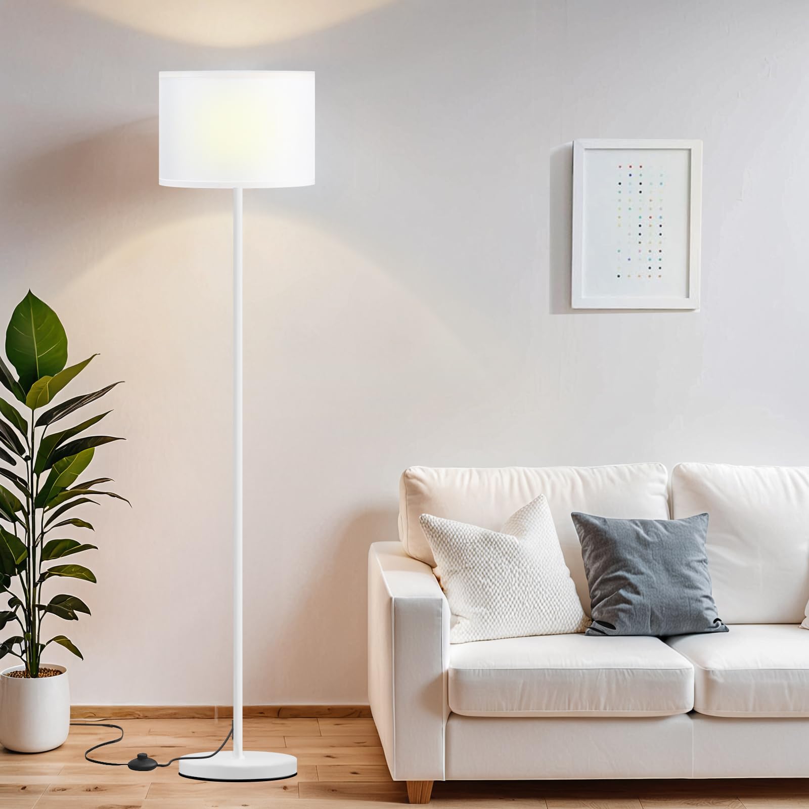 Ambimall 60'' Modern Floor Lamp With Shade, Tall Lamps For Living Room, Bedroom, Office, Dining Room, White Shade With White Pol