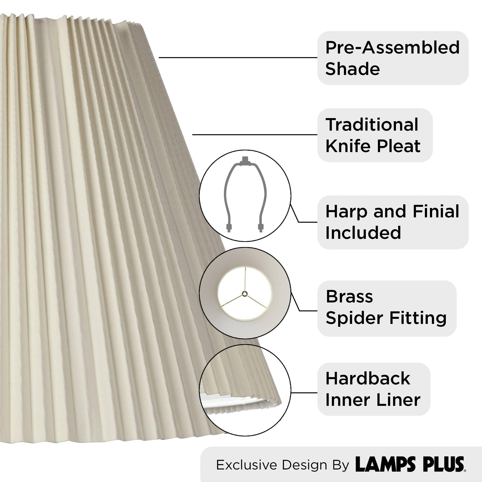 Eggshell Pleated Large Empire Lamp Shade 9&quot; Top X 17&quot; Bottom X 11.75&quot; High X 12.25&quot; Slant (Spider) Replacement With Harp And Finial - Springcrest