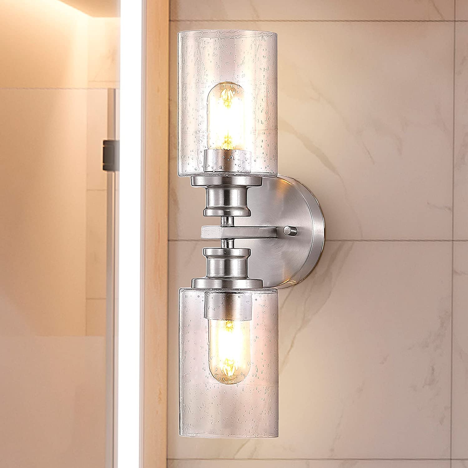 JONATHAN Y 16.5in Cylinder Vanity Light, 2-Light Iron/Seeded Glass, Nickel, Model JYL7577C, Farmhouse Contemporary Design