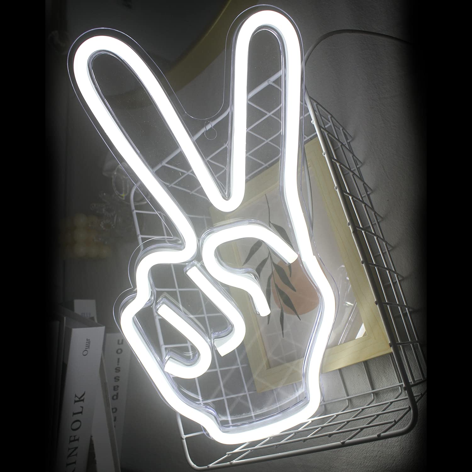 ineonlife Neon Peace Sign LED Light - 15in  x 8in , Acrylic, C-Gesture-White, USB with Switch, Wall Decor for Kids and Parties