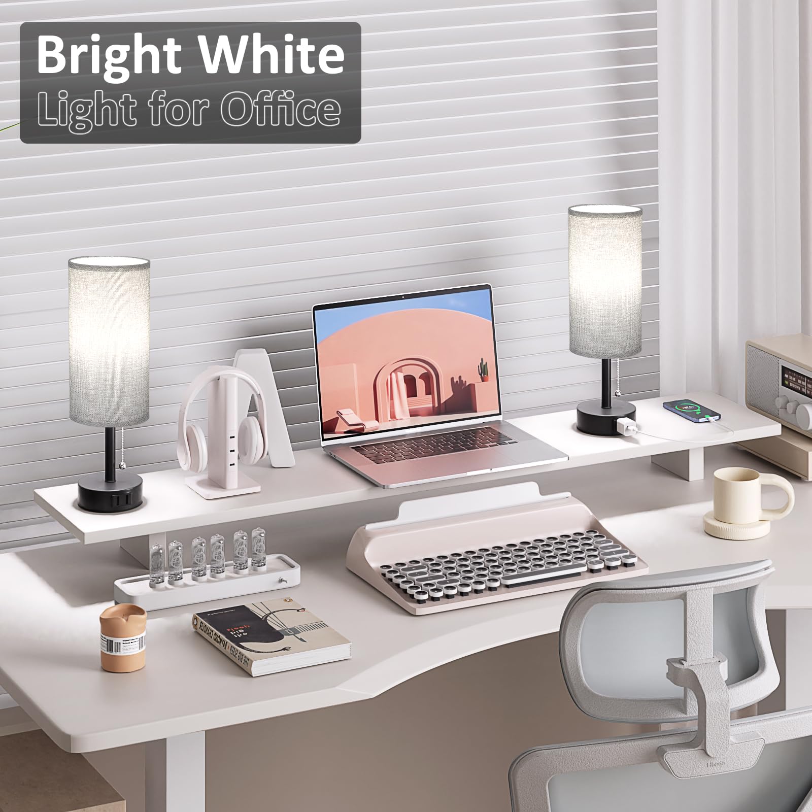 Fenmzee Grey Bedside Table Lamps Set of 2 - 14in Pull Chain with AC Outlet, E26 LED Bulbs