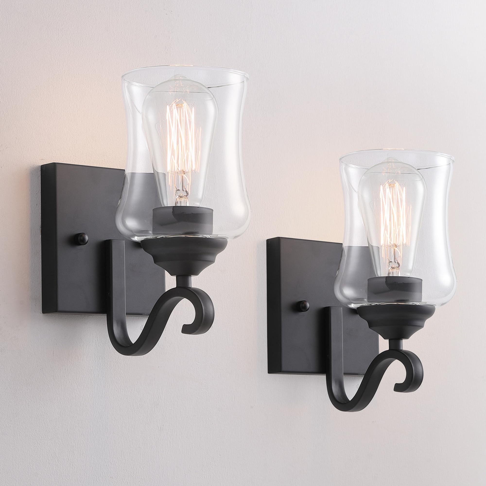 Woodafu Black Wall Sconces Set of Two, Matte Black Bathroom Wall Sconces Light Fixtures with Clear Glass, Farmhouse Wall Sconce 