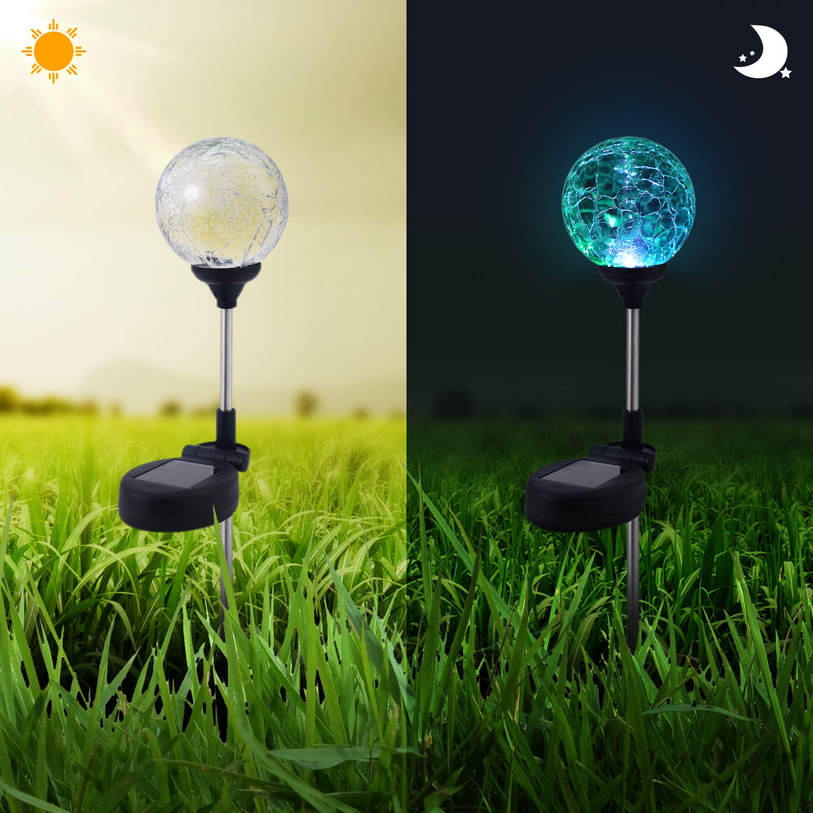 WNP Solar Outdoor Lights - 6 Pack Color-Changing Cracked Glass Globe Stakes for Garden, Waterproof Decorative Solar Pathway Lights