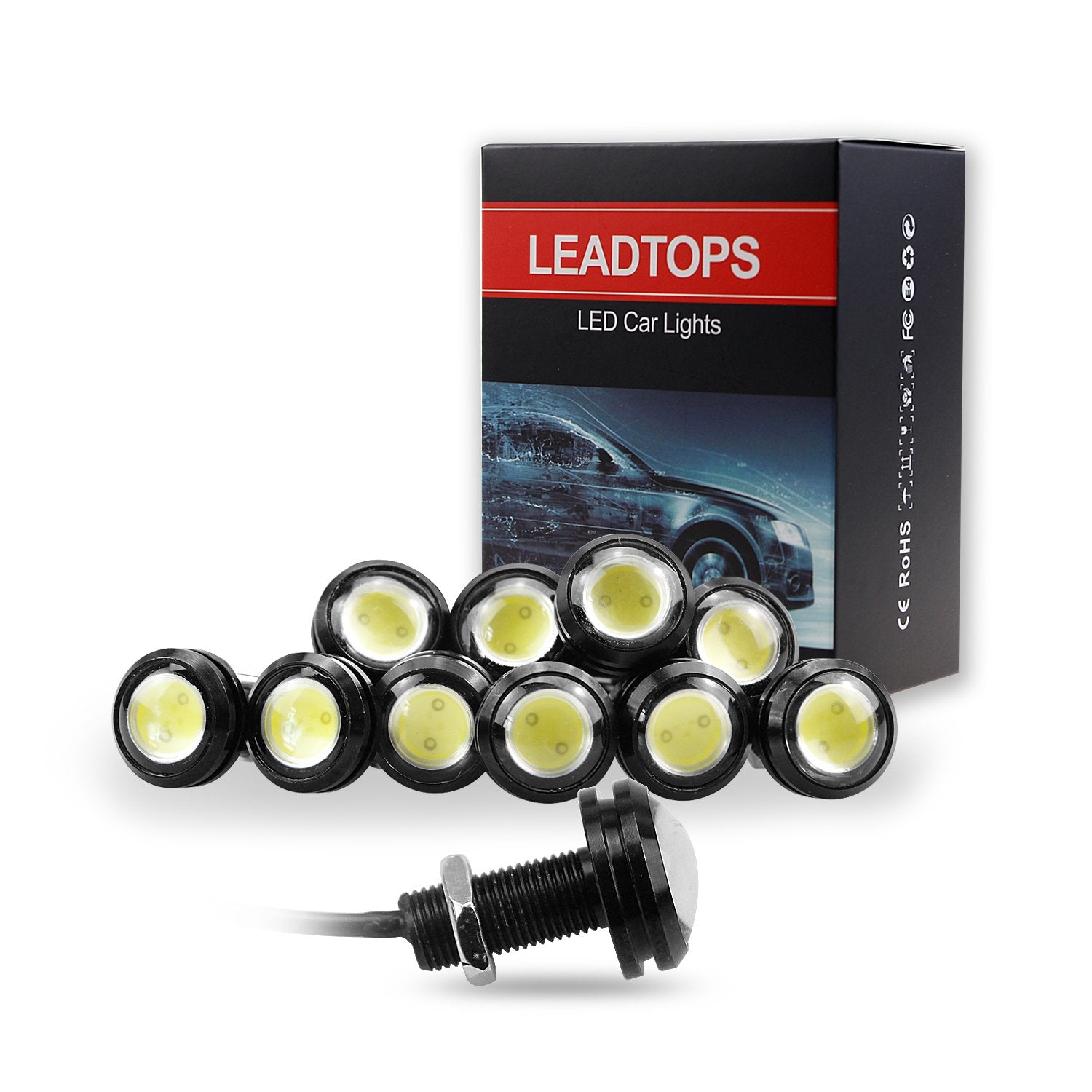 Leadtops 10Pcs 18Mm 12V Eagle Eye Led Car Fog Drl Daytime Running Light Backup Reverse Tail Rock Lights Small Bulb (White, Black