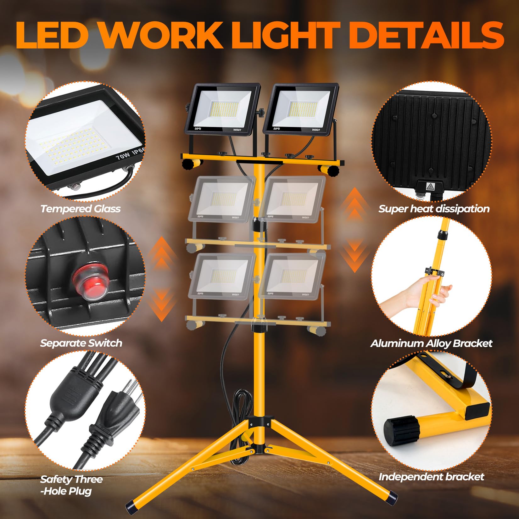 21000 Lumen Work Lights With Stand, 2 Adjustable Head Led Work Light,Foldable Tripod Stand And Portable Removable Led Constructi