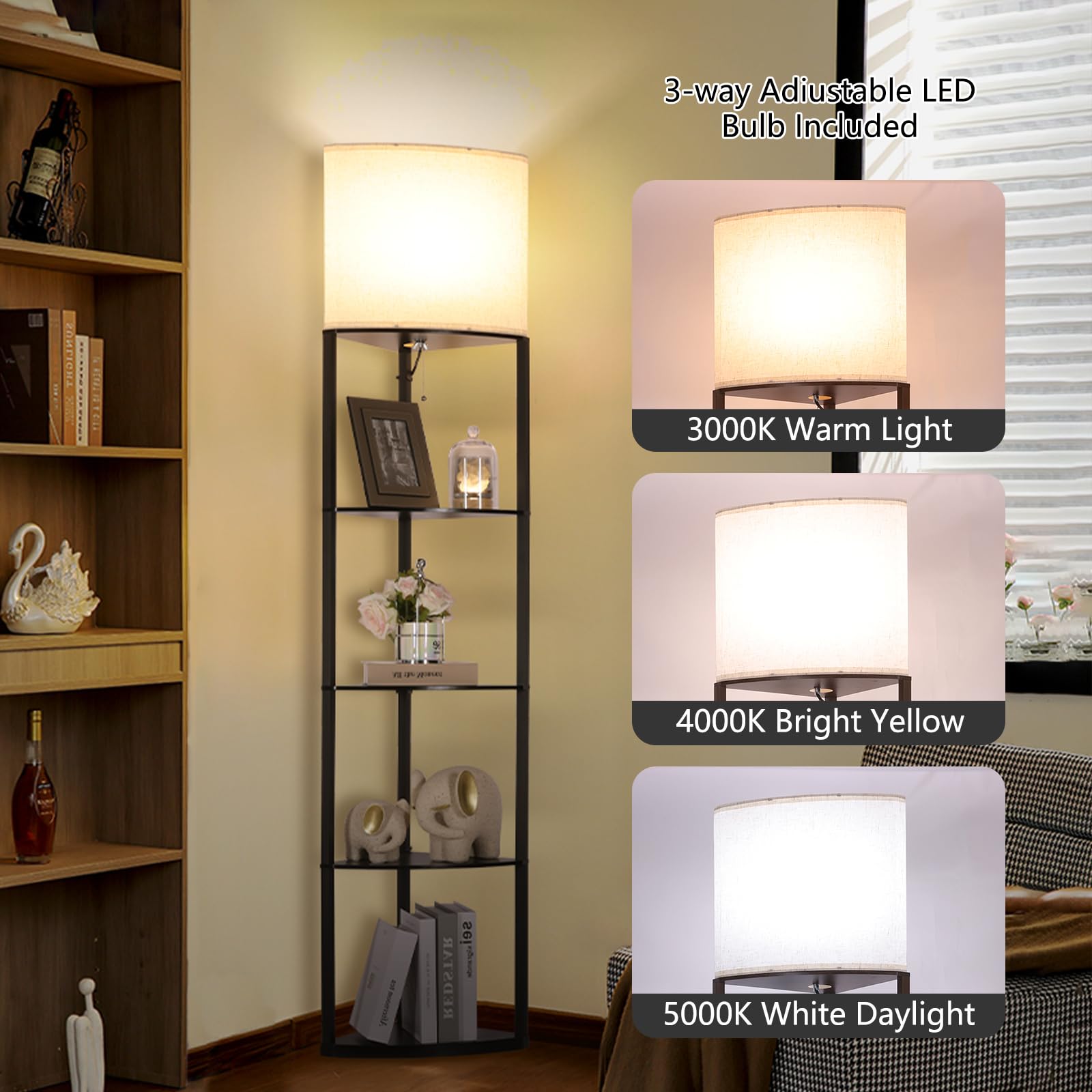 Gupuzm Floor Lamp With Shelves, Sector Corner Shelf Lamp With 3 Color Temperature Bulb, With Linen Lampshade Bookshelf Corner Di