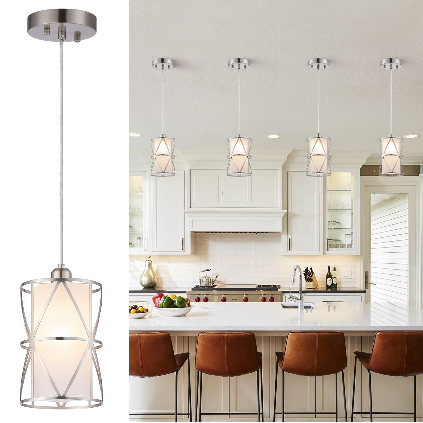 Zlierop Pendant Light With Frosted Glass, Modern Pendant Lights Kitchen Island, Brushed Nickel Pendant Light Fixtures, Cylindrical Pendant Lighting For Kitchen Island, Dining Room, Foyer-Small A93