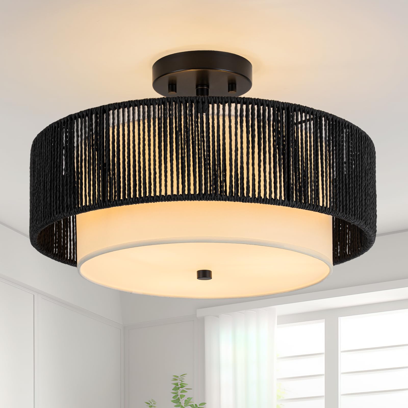 SineRise 16'' Rattan Flush Mount Ceiling Light Fixture,2-Tier Drum Hand-Woven Boho Flush Mount Ceiling Light,Farmhouse Light Fix