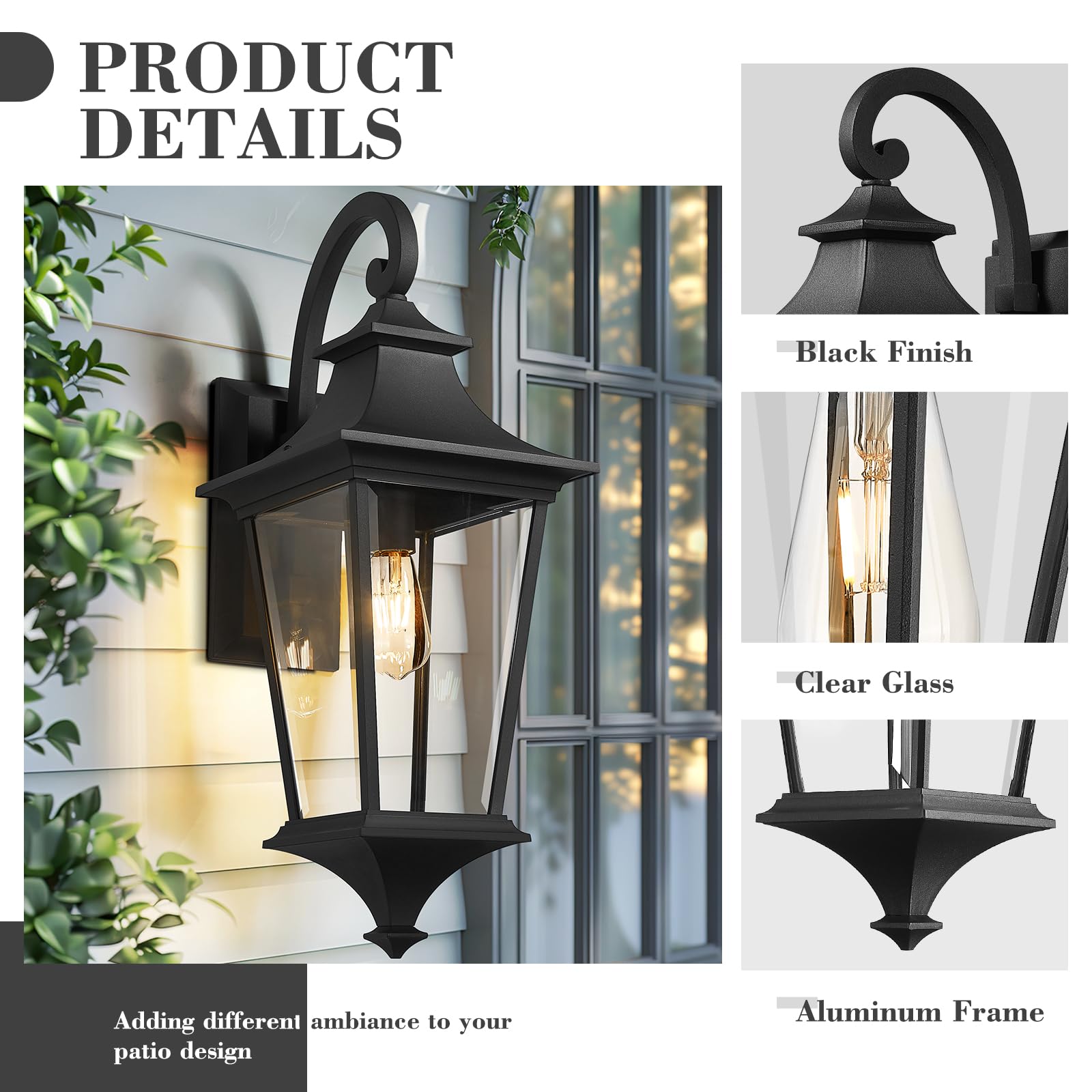 Emliviar 29.3" Outdoor Wall Sconce - Large Clear Glass Light, Black Finish, Model XE292B-L BK