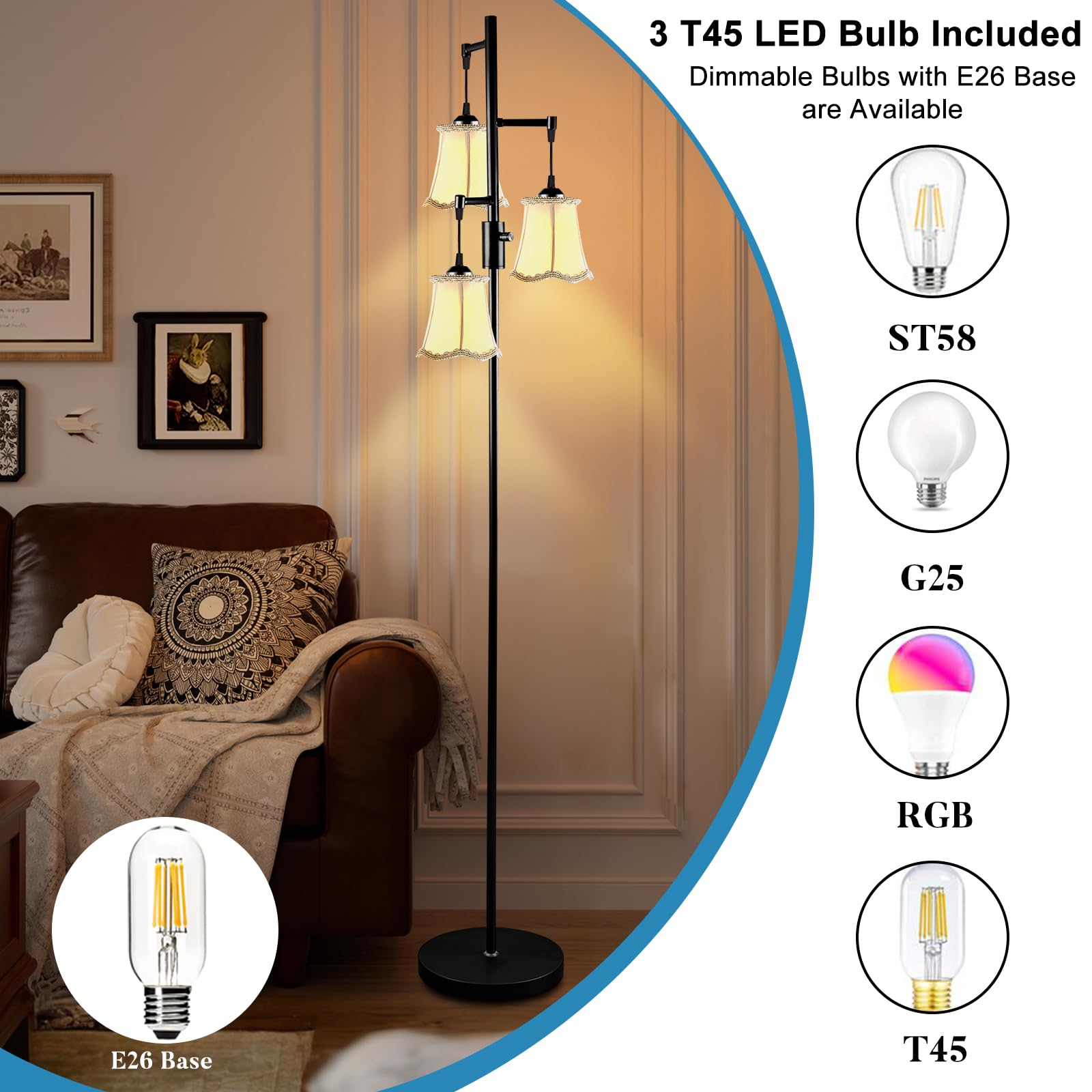 Lightdot LED Floor Lamp, Vintage Design, E26 Bulb Included, Fabric Shade, 66 Inch, 3 Floral-Black, Model LFLL-M-DC
