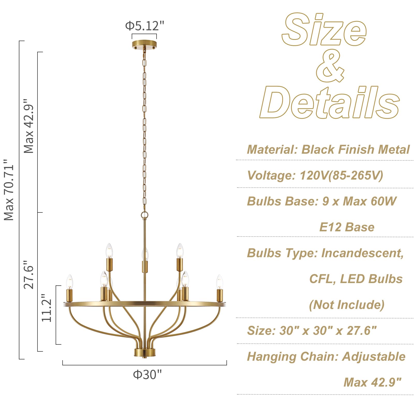 Widluth 30" Gold Chandelier Fixture - 9-Light Mid Century Candle Style for Dining Room, Kitchen Island, Living Room, Model MD1009-9-gold