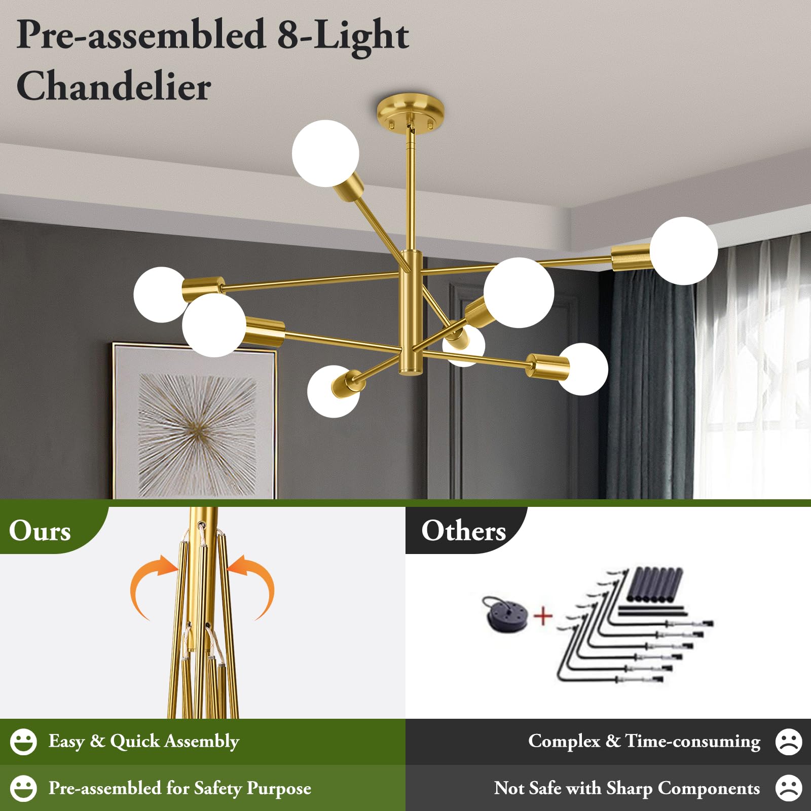 Beslowe 8-Light Modern Sputnik Chandelier, Mid Century Gold Chandeliers Lighting, Farmhouse Ceiling Hanging Light Fixture For Di