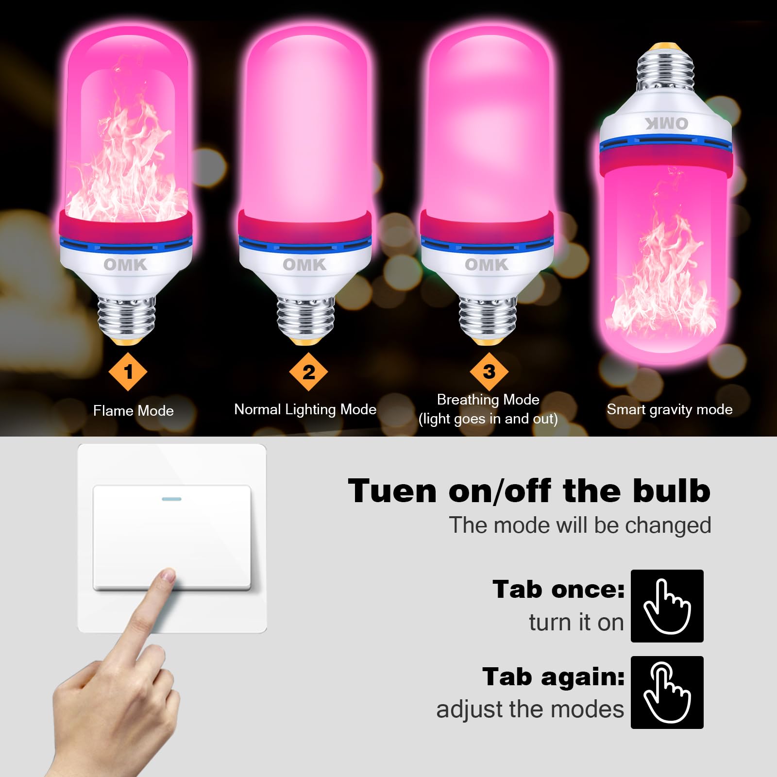 OMK Pink LED Flame Light Bulbs - Flickering E26 Base, 2 Pack, ABS Material, Indoor/Outdoor Holiday Decor