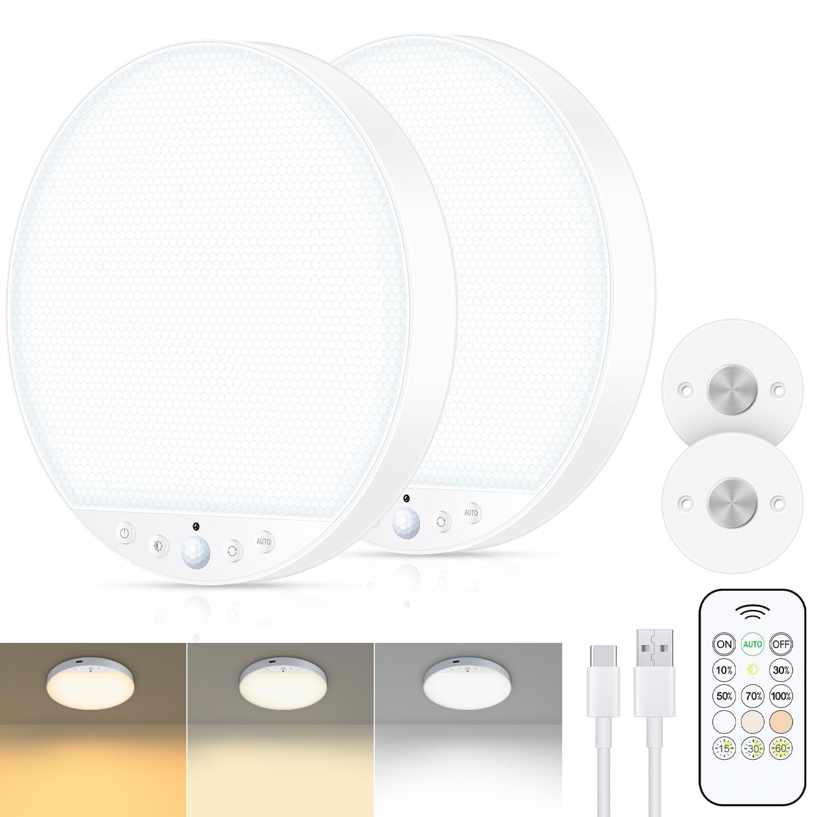 Rechargeable 6W Motion Sensor Ceiling Light, Wireless Magnetic Stick-On, Remote Control For Color & Brightness, Battery Operated