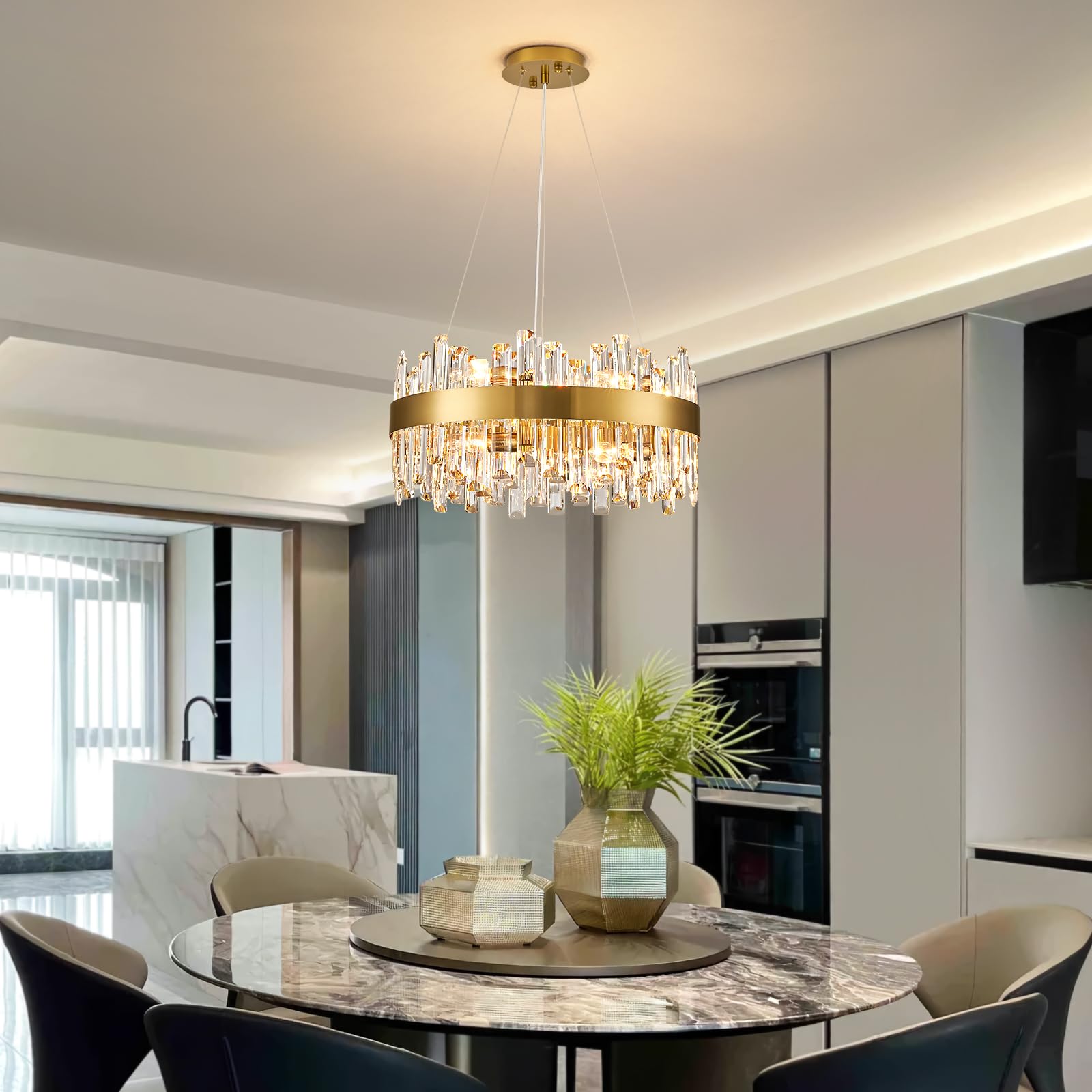 Siljoy Modern Crystal Chandelier, 12 Lights, Brass Gold Finish, Round 19.7 Inch, Clear Crystal, Model FSK0607
