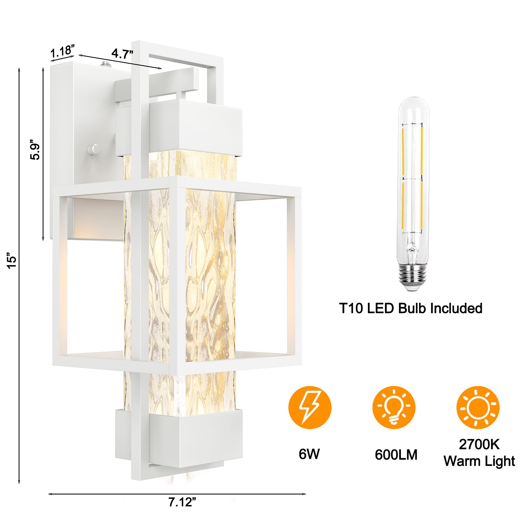 Partphoner Dusk To Dawn Outdoor Wall Light, 15&quot; Waterproof Porch Sconce, White Metal Fixture