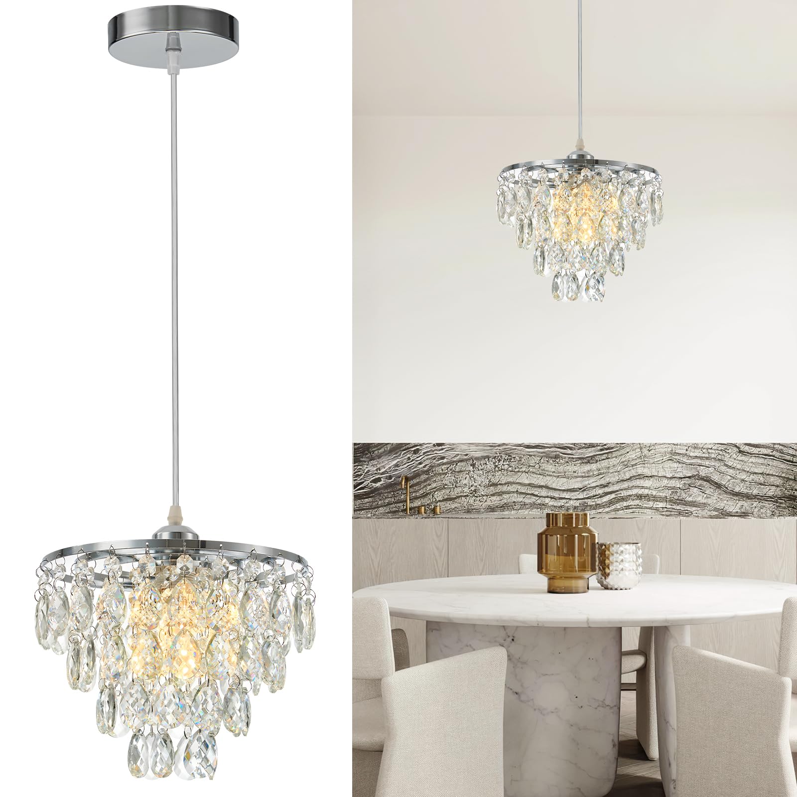 CXGLEAMING Crystal Pendant Light Silver Hanging Chandelier Height Adjustable Hanging Light Fixture for Kitchen Island Hallway Be